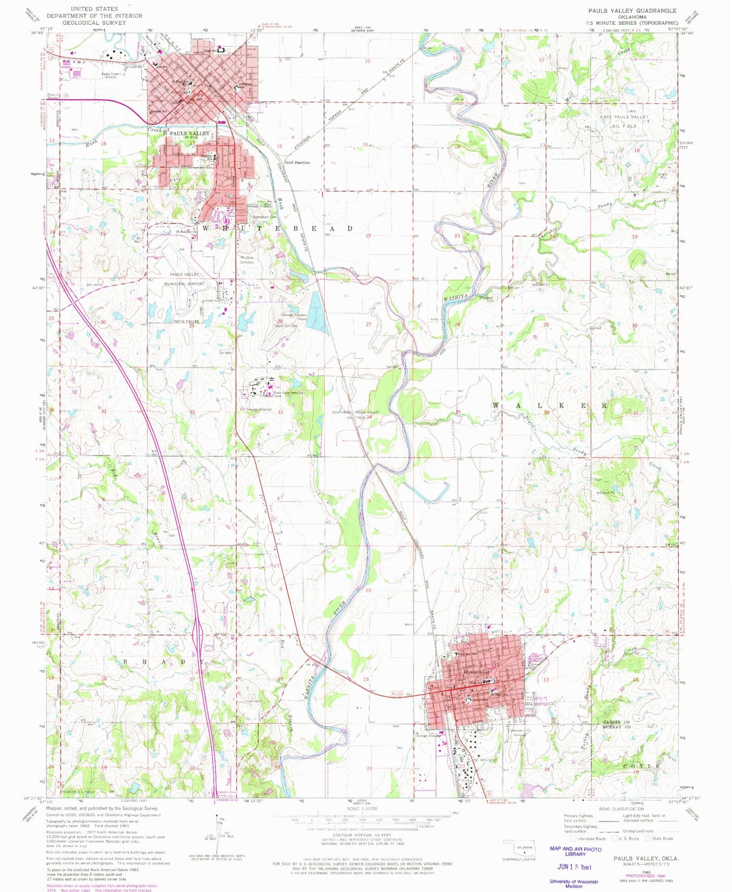 Classic USGS Pauls Valley Oklahoma 7.5'x7.5' Topo Map Image