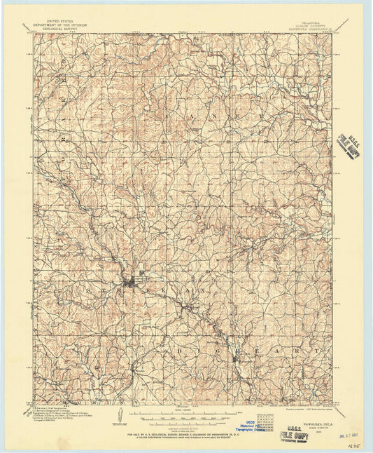 Historic 1909 Pawhuska Oklahoma 30'x30' Topo Map Image