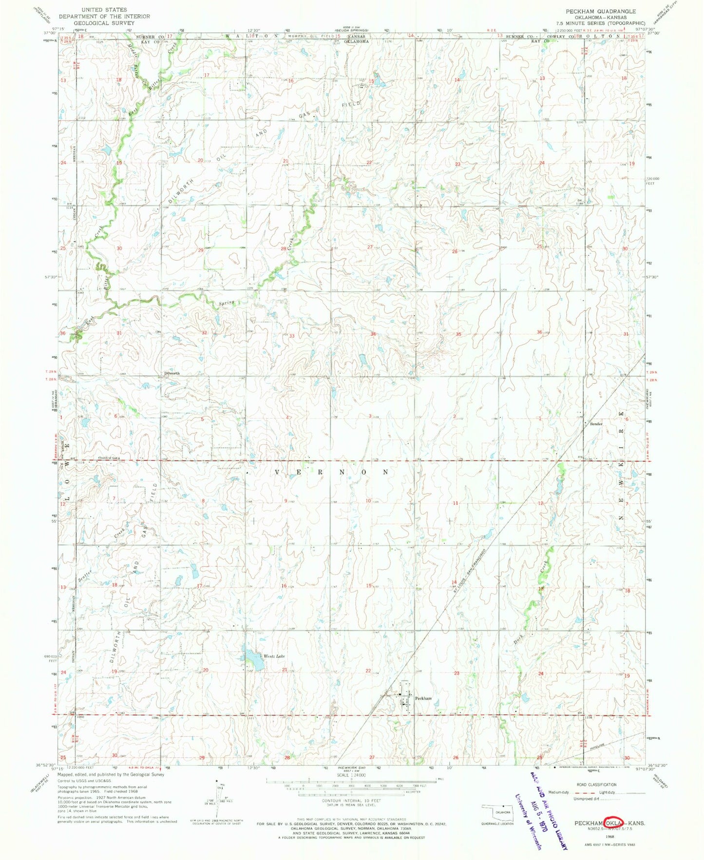 Classic USGS Peckham Oklahoma 7.5'x7.5' Topo Map Image