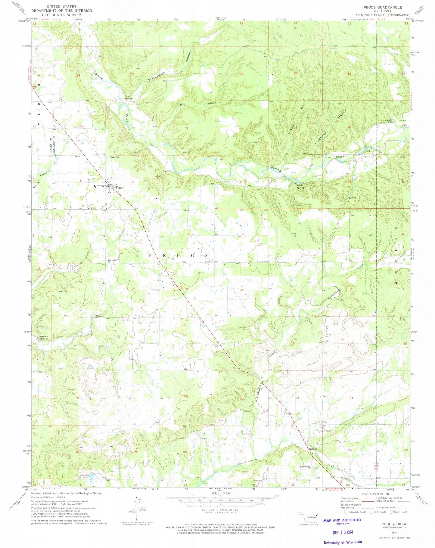 Classic USGS Peggs Oklahoma 7.5'x7.5' Topo Map Image