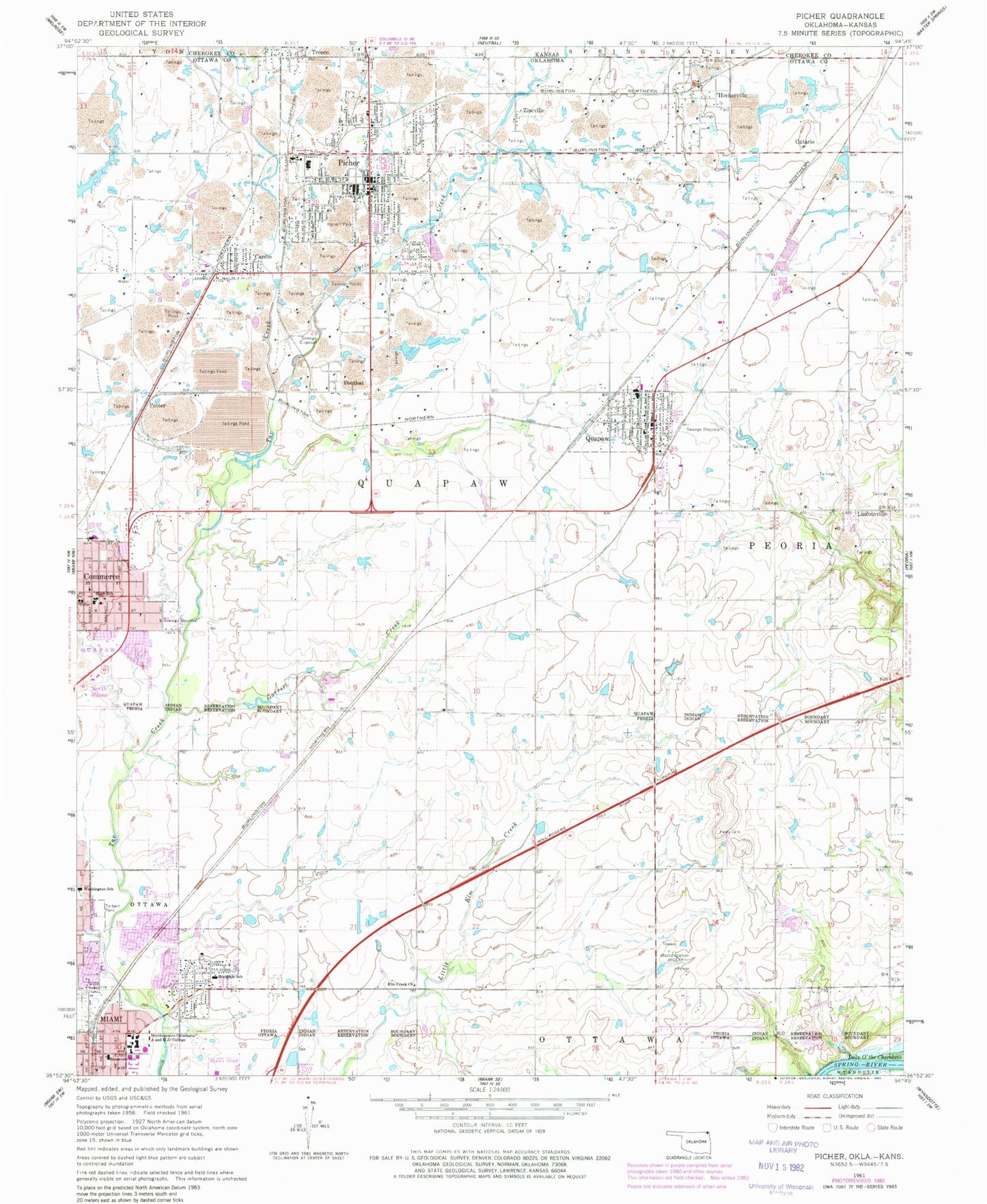 Classic USGS Picher Oklahoma 7.5'x7.5' Topo Map Image
