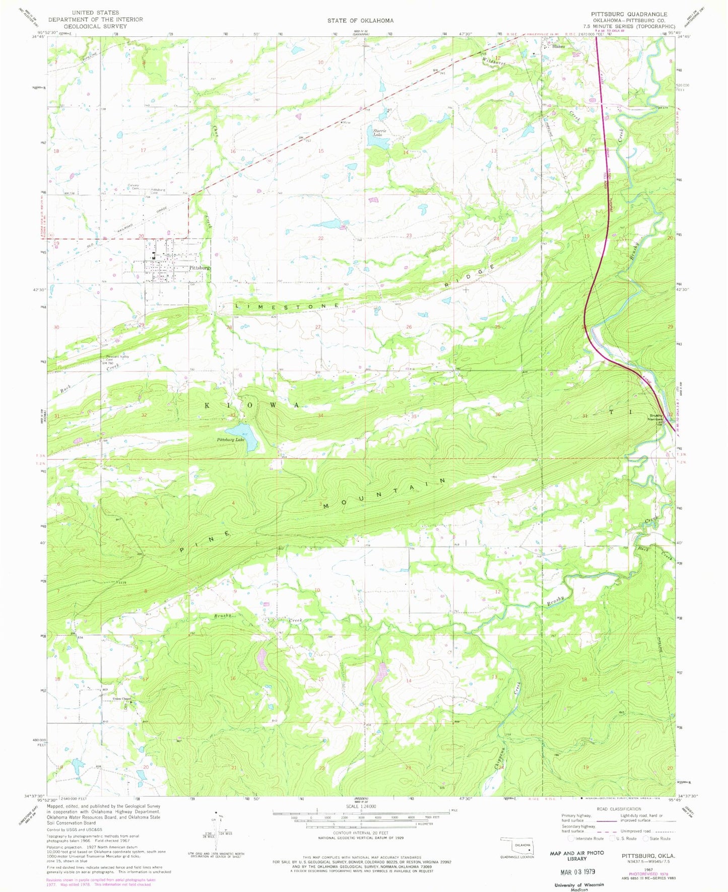 Classic USGS Pittsburg Oklahoma 7.5'x7.5' Topo Map Image
