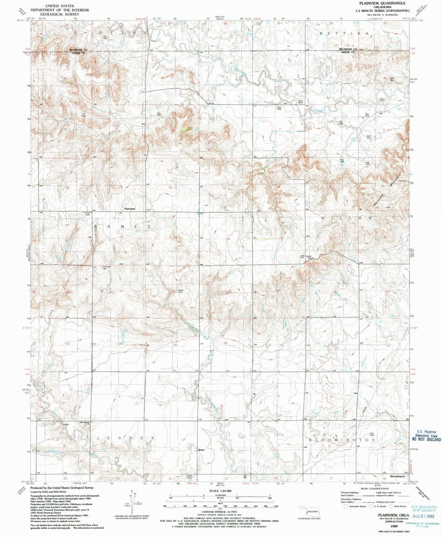 Classic USGS Plainview Oklahoma 7.5'x7.5' Topo Map Image