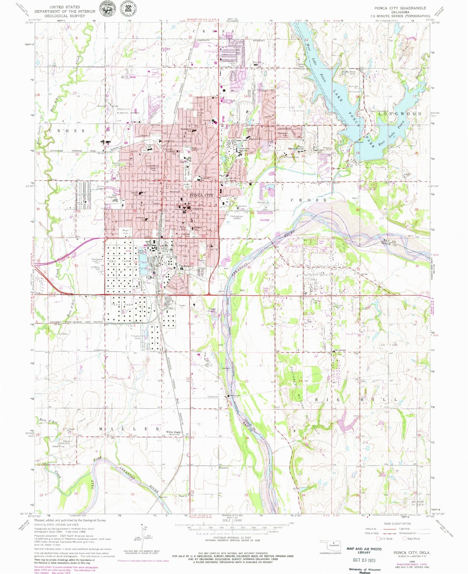 Classic USGS Ponca City Oklahoma 7.5'x7.5' Topo Map Image