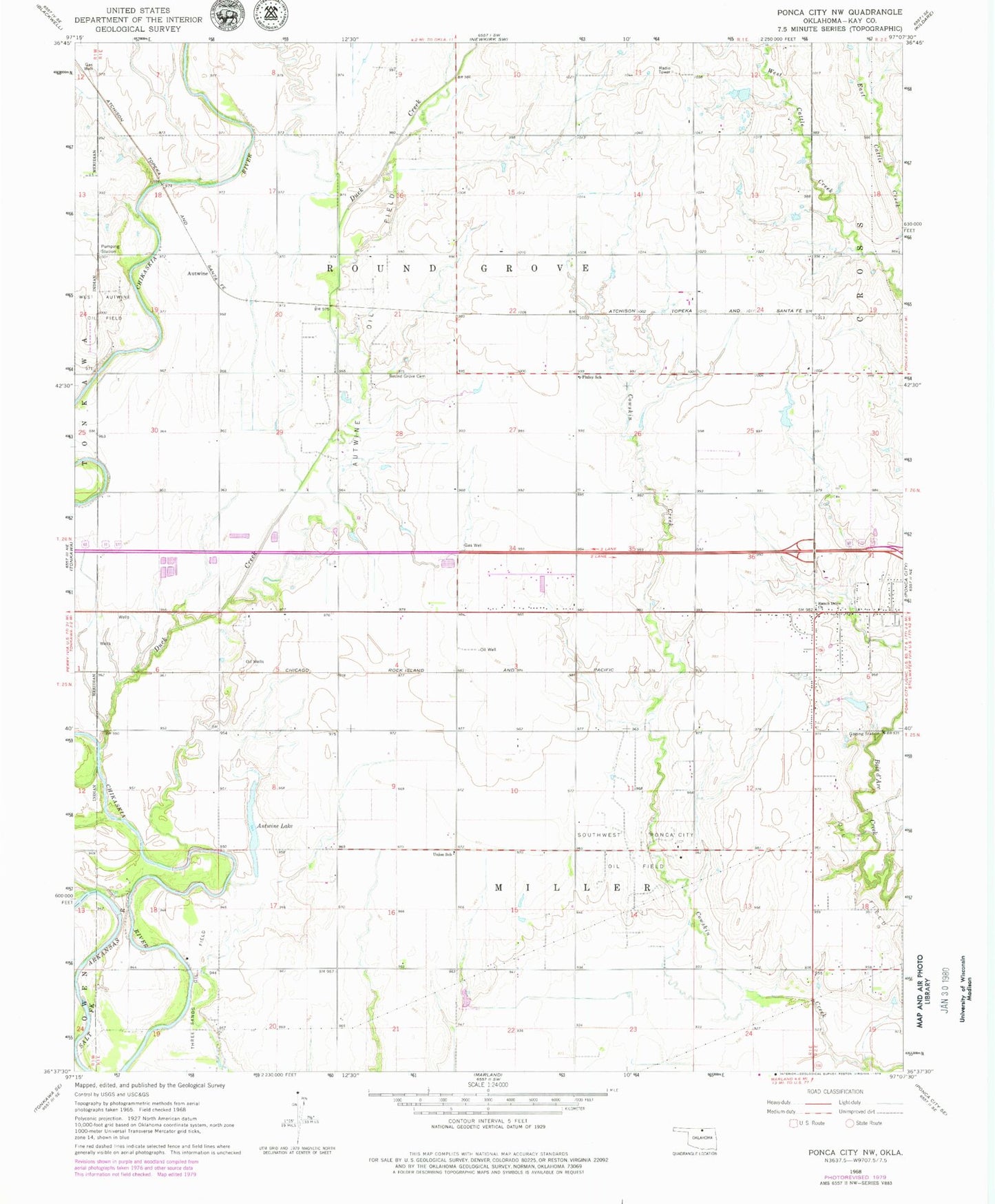 Classic USGS Ponca City NW Oklahoma 7.5'x7.5' Topo Map Image