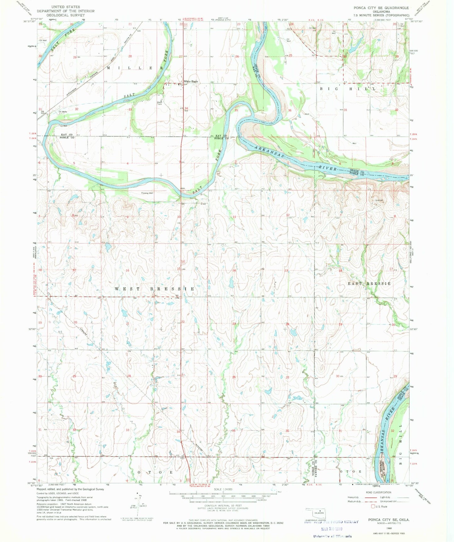 Classic USGS Ponca City SE Oklahoma 7.5'x7.5' Topo Map Image