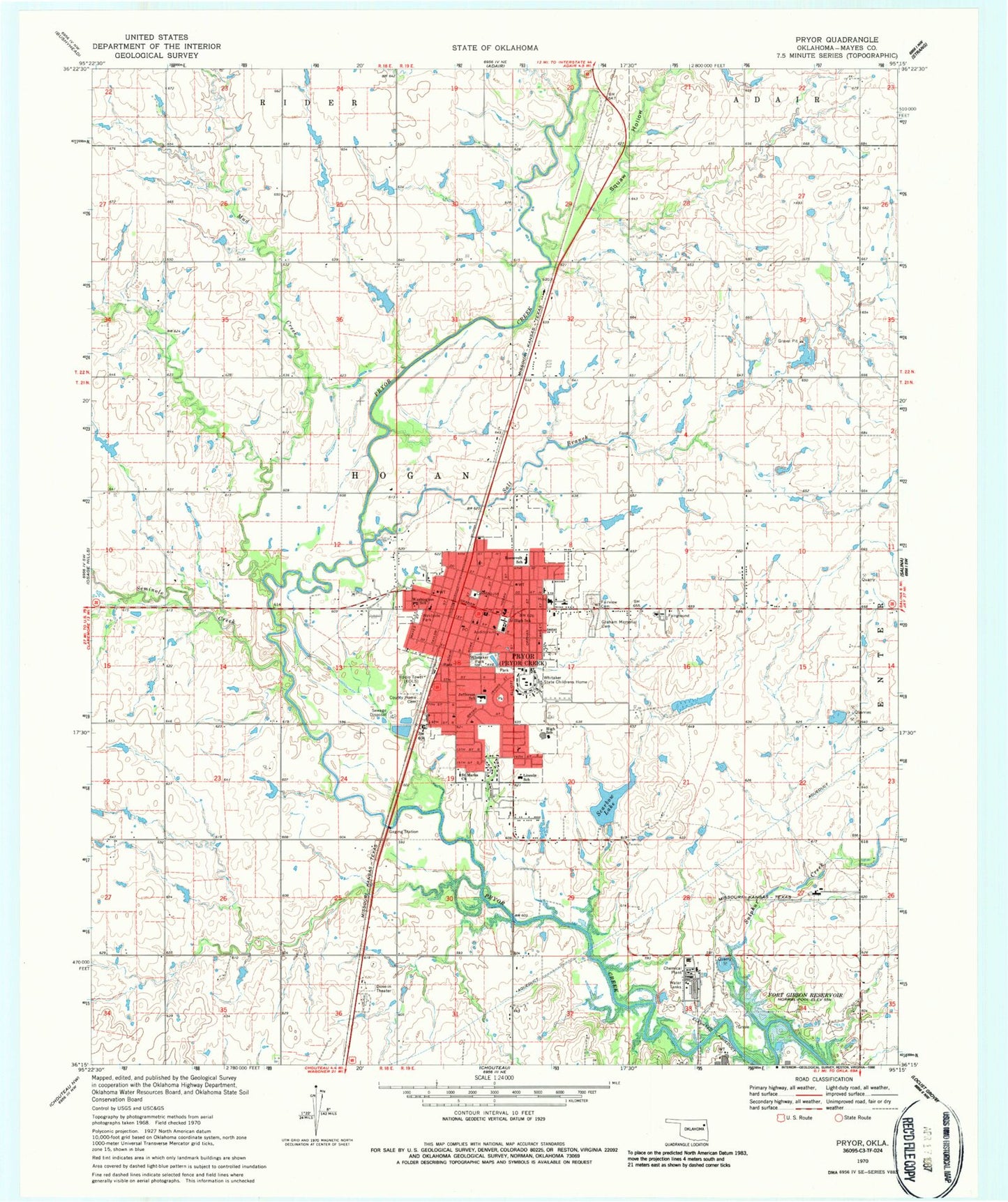 Classic USGS Pryor Oklahoma 7.5'x7.5' Topo Map Image