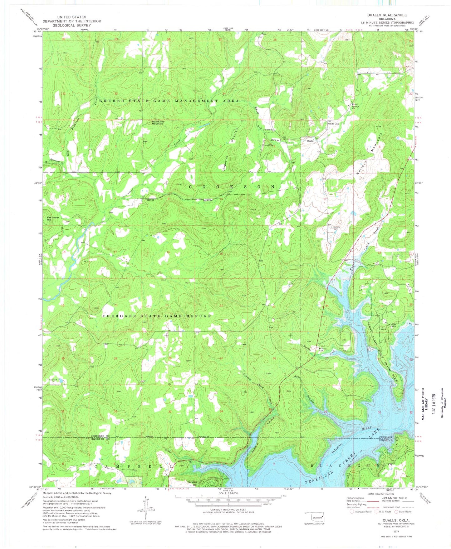 Classic USGS Qualls Oklahoma 7.5'x7.5' Topo Map Image