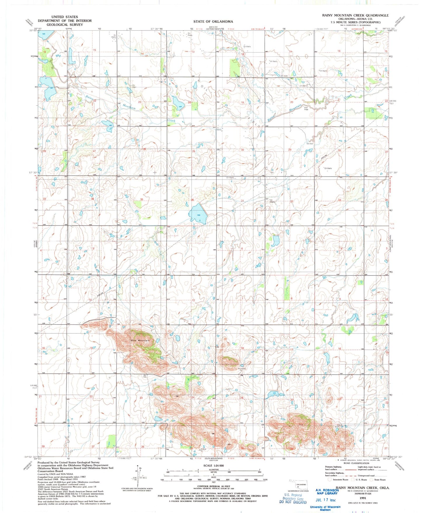 Classic USGS Rainy Mountain Creek Oklahoma 7.5'x7.5' Topo Map Image