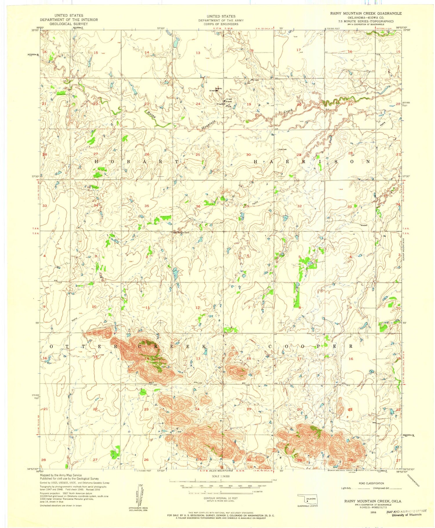 Classic USGS Rainy Mountain Creek Oklahoma 7.5'x7.5' Topo Map Image