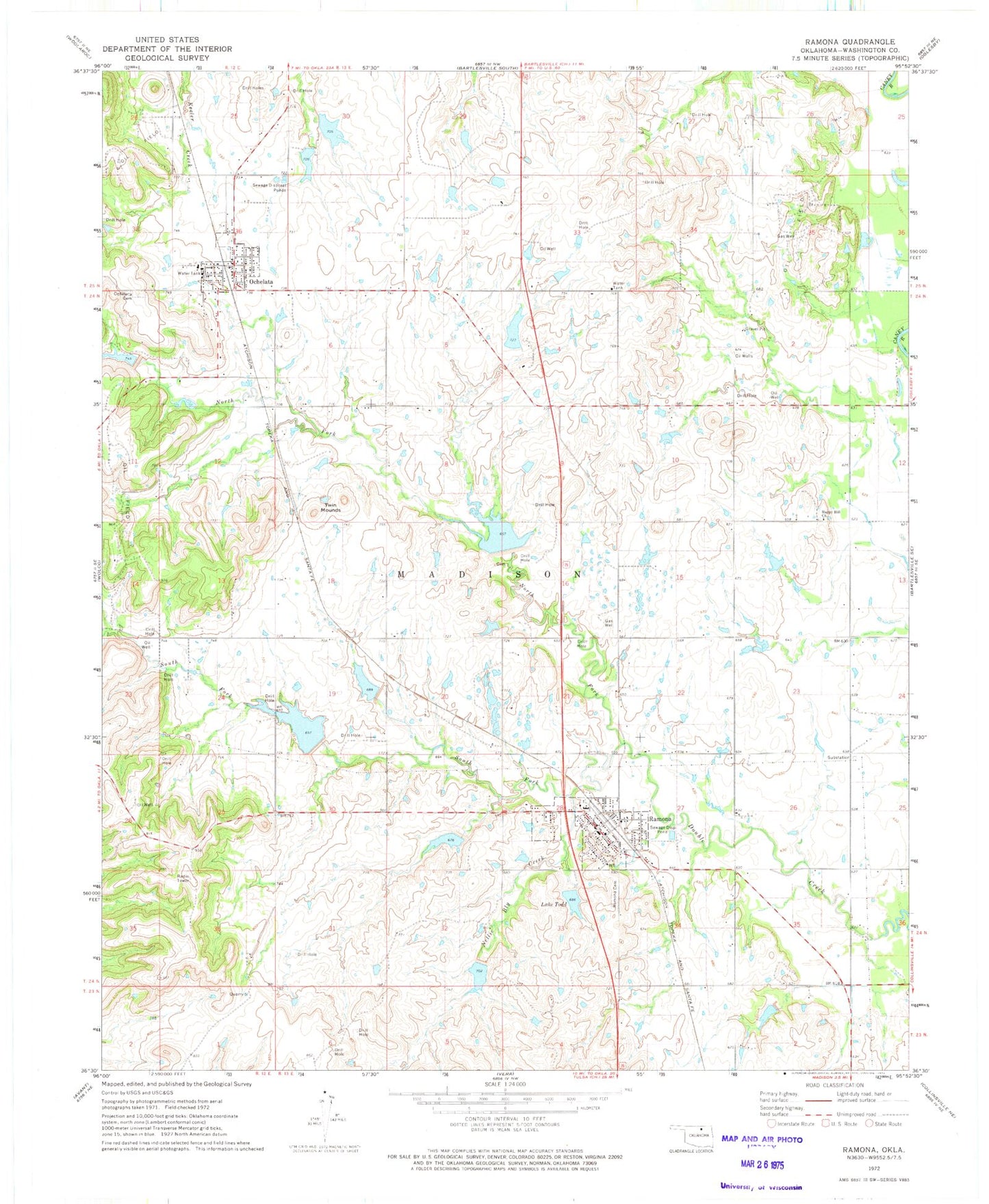 Classic USGS Ramona Oklahoma 7.5'x7.5' Topo Map Image