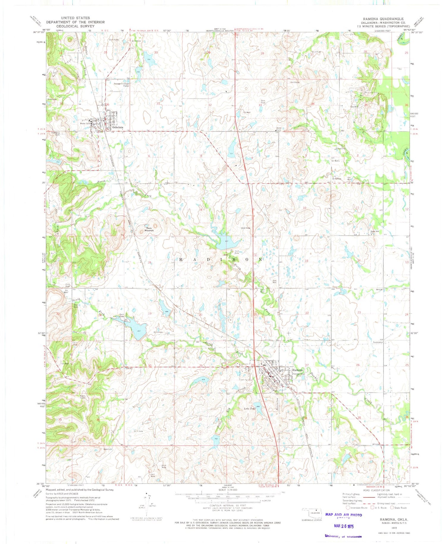 Classic USGS Ramona Oklahoma 7.5'x7.5' Topo Map Image