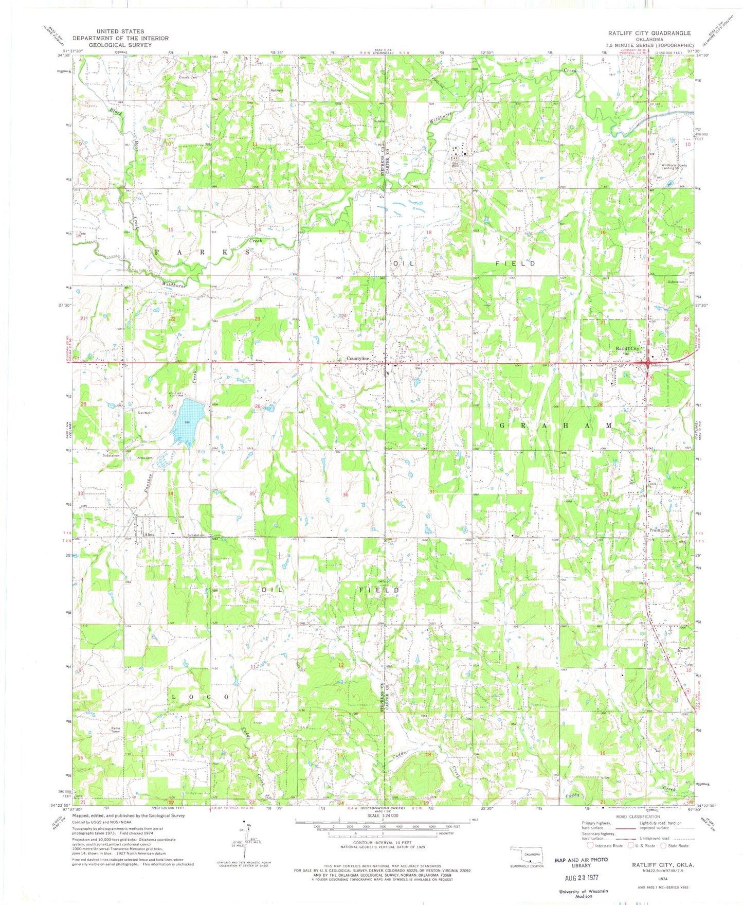 Classic USGS Ratliff City Oklahoma 7.5'x7.5' Topo Map Image