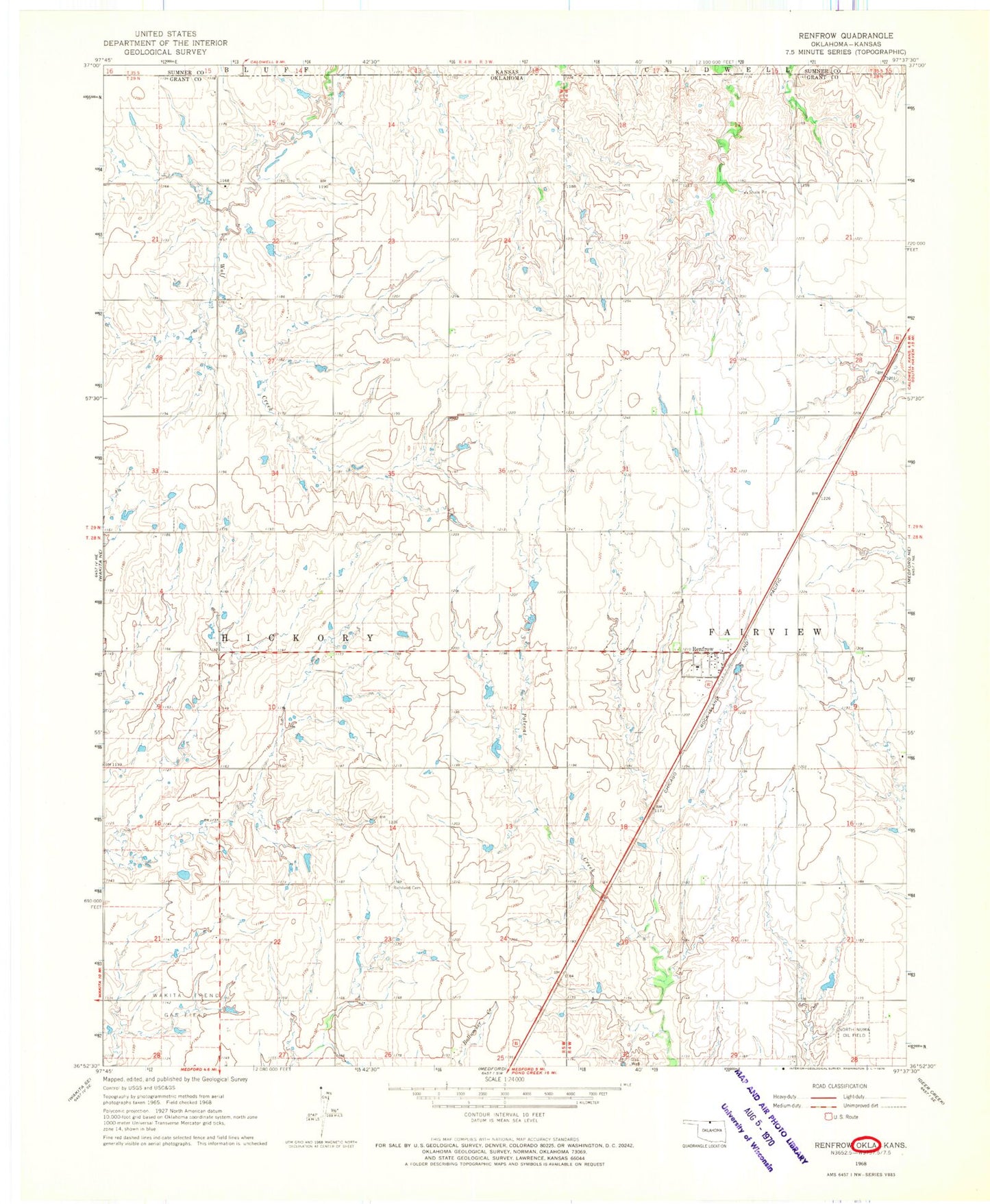 Classic USGS Renfrow Oklahoma 7.5'x7.5' Topo Map Image
