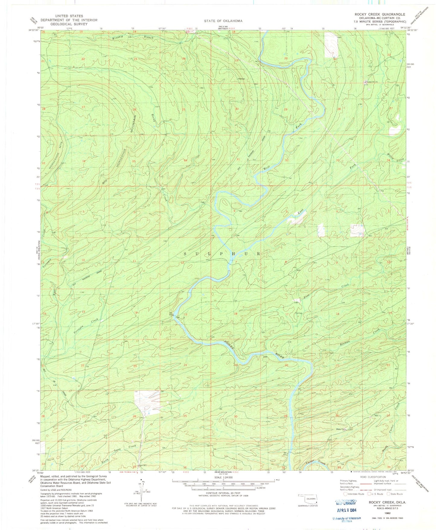 Classic USGS Rocky Creek Oklahoma 7.5'x7.5' Topo Map Image