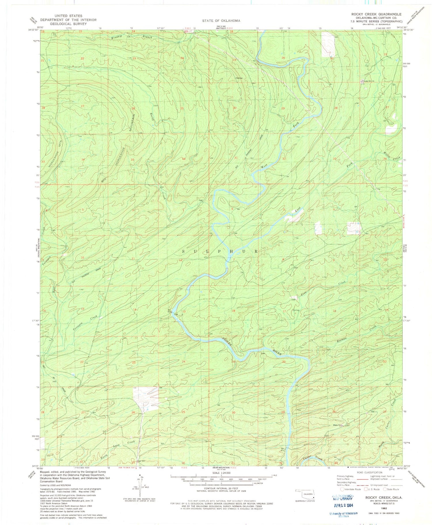 Classic USGS Rocky Creek Oklahoma 7.5'x7.5' Topo Map Image