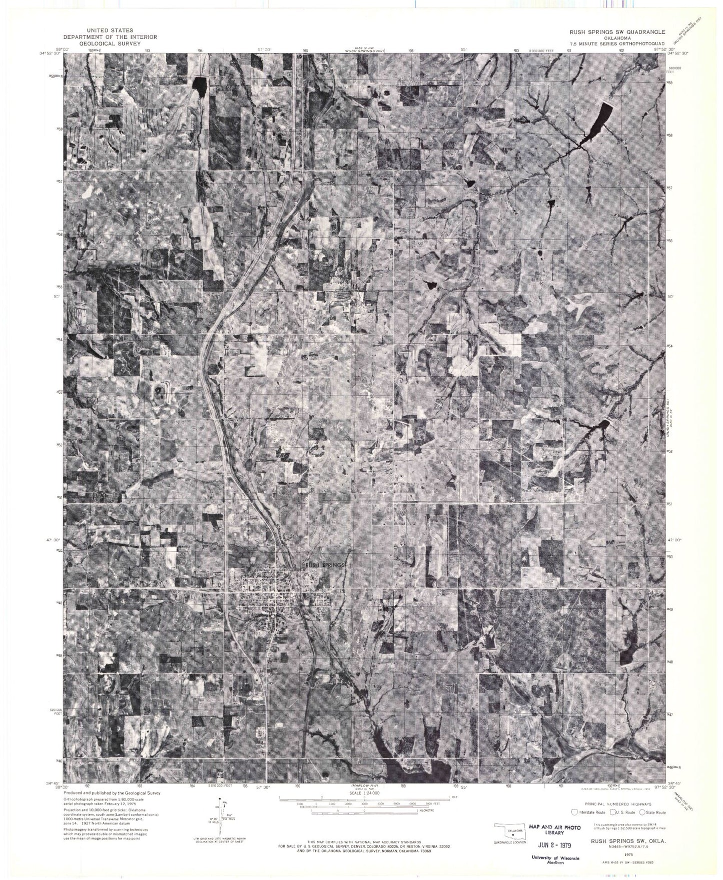 Classic USGS Rush Springs Oklahoma 7.5'x7.5' Topo Map Image