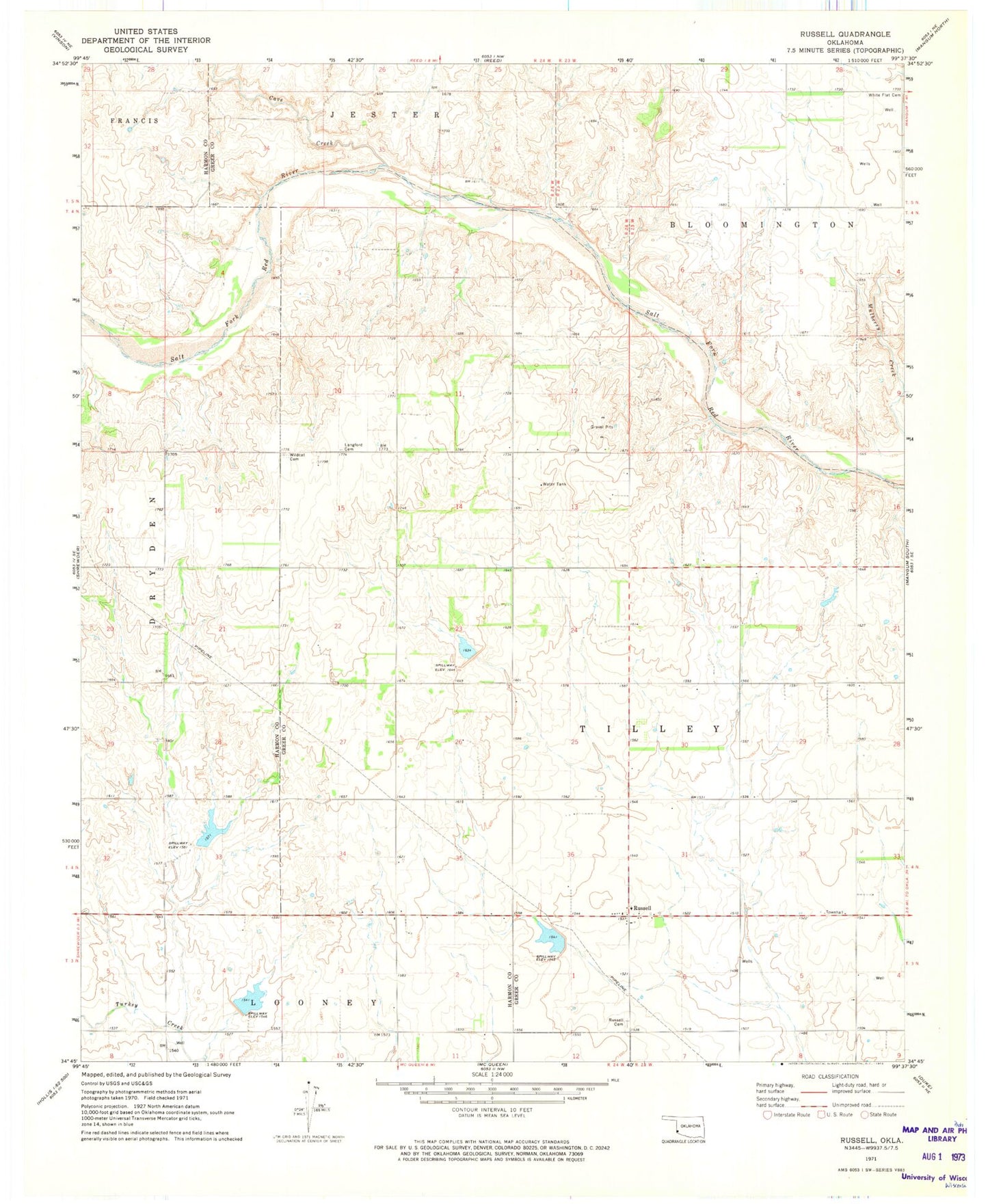 Classic USGS Russell Oklahoma 7.5'x7.5' Topo Map Image