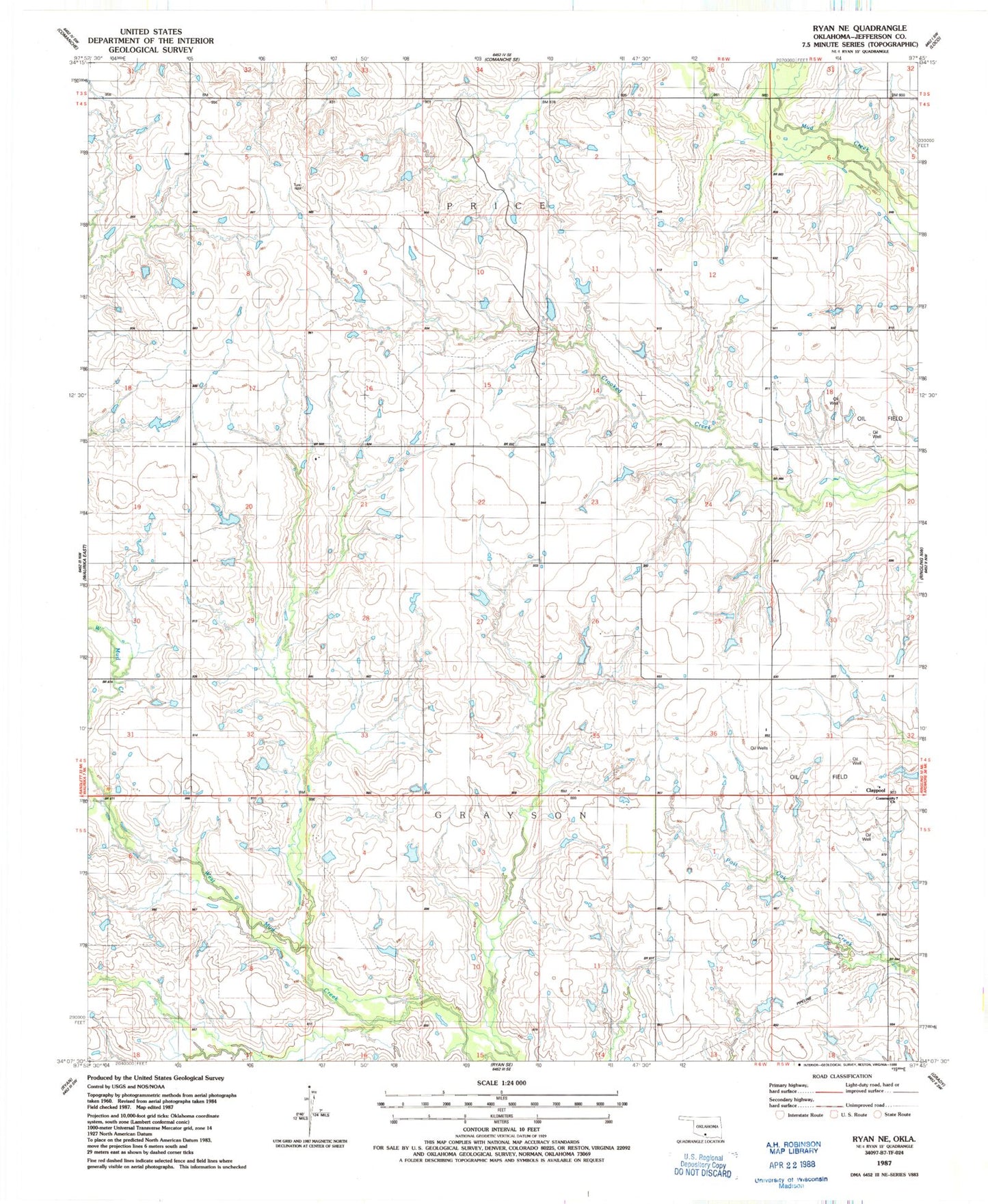 Classic USGS Ryan NE Oklahoma 7.5'x7.5' Topo Map Image