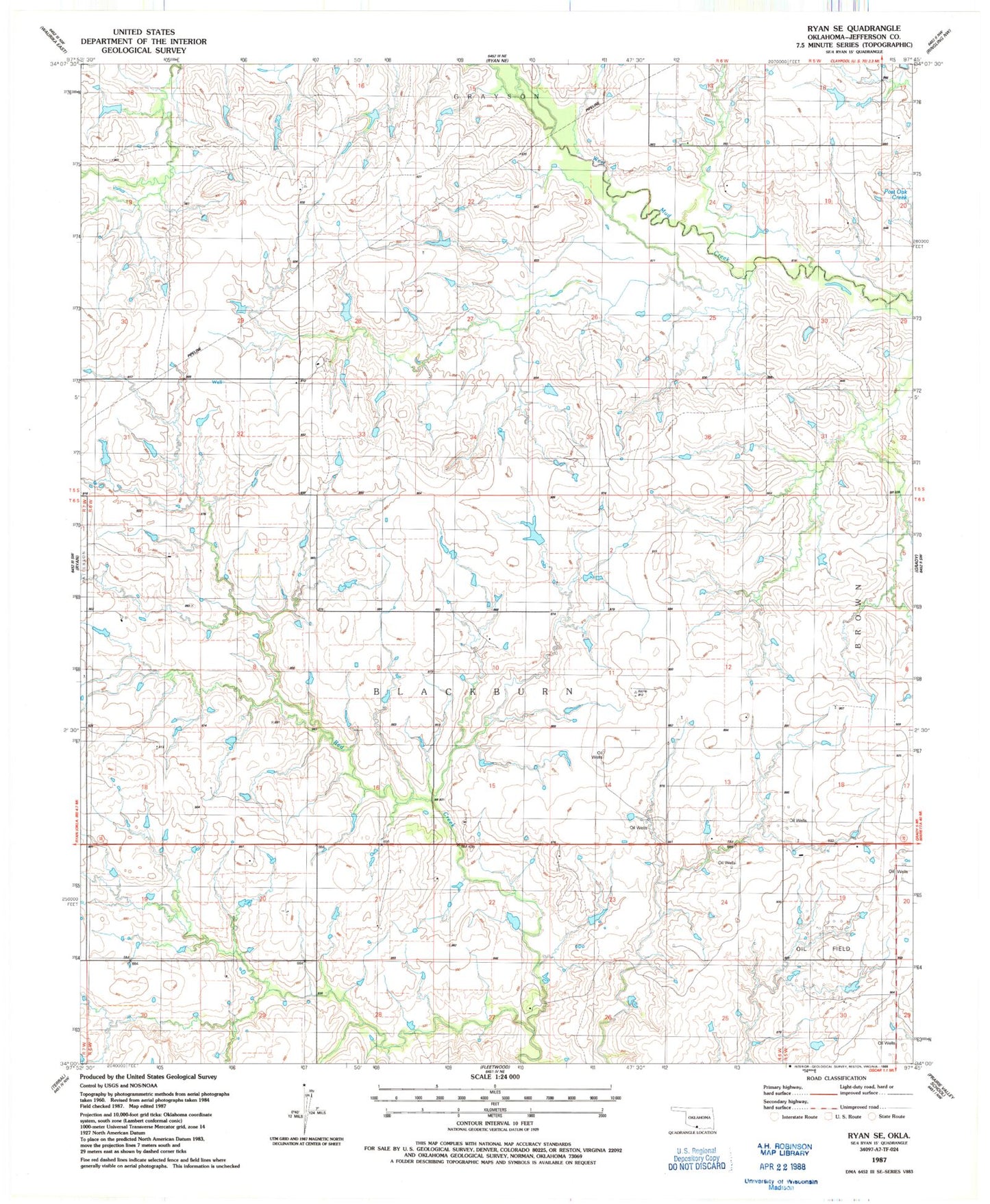 Classic USGS Ryan SE Oklahoma 7.5'x7.5' Topo Map Image
