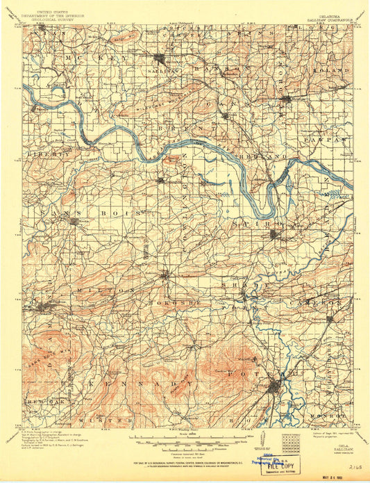 Historic 1911 Sallisaw Oklahoma 30'x30' Topo Map Image