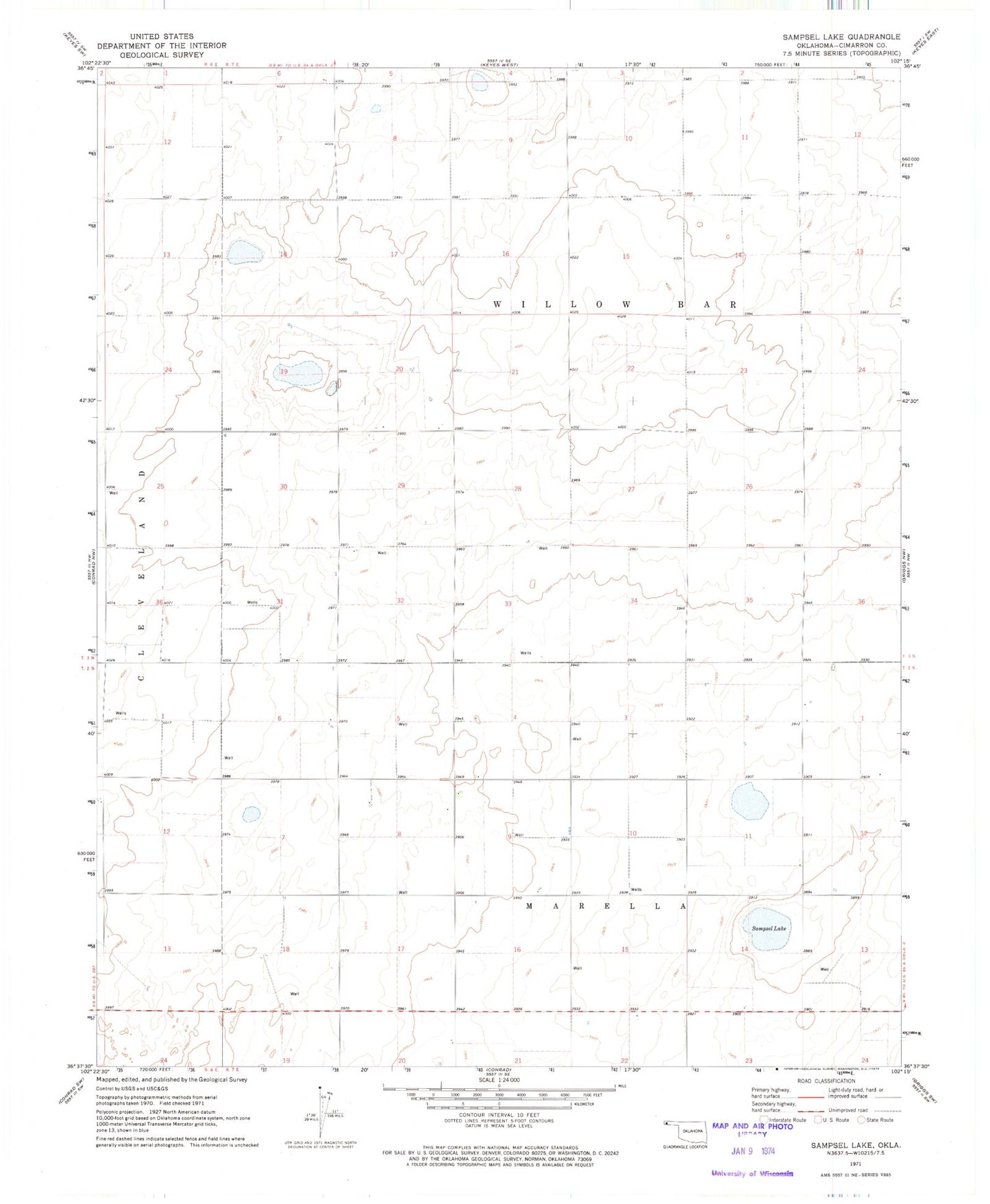 Classic USGS Sampsel Lake Oklahoma 7.5'x7.5' Topo Map Image