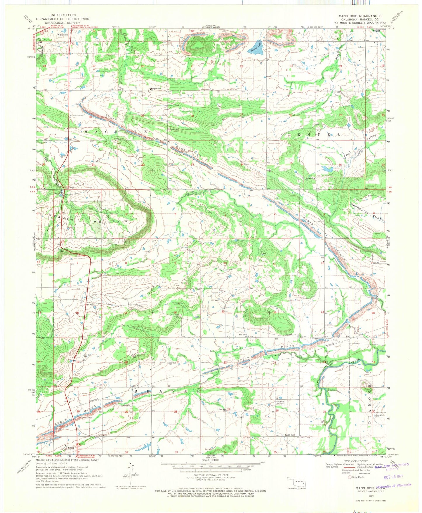 Classic USGS Sans Bois Oklahoma 7.5'x7.5' Topo Map Image