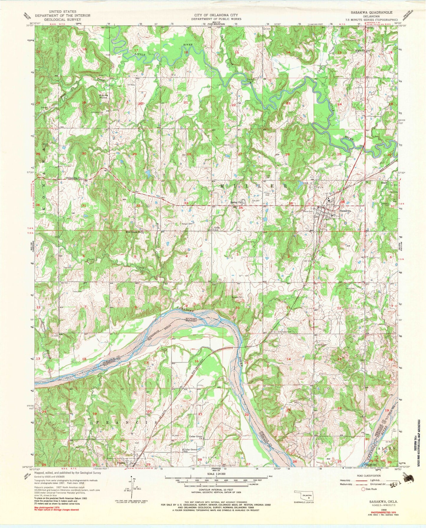 Classic USGS Sasakwa Oklahoma 7.5'x7.5' Topo Map Image