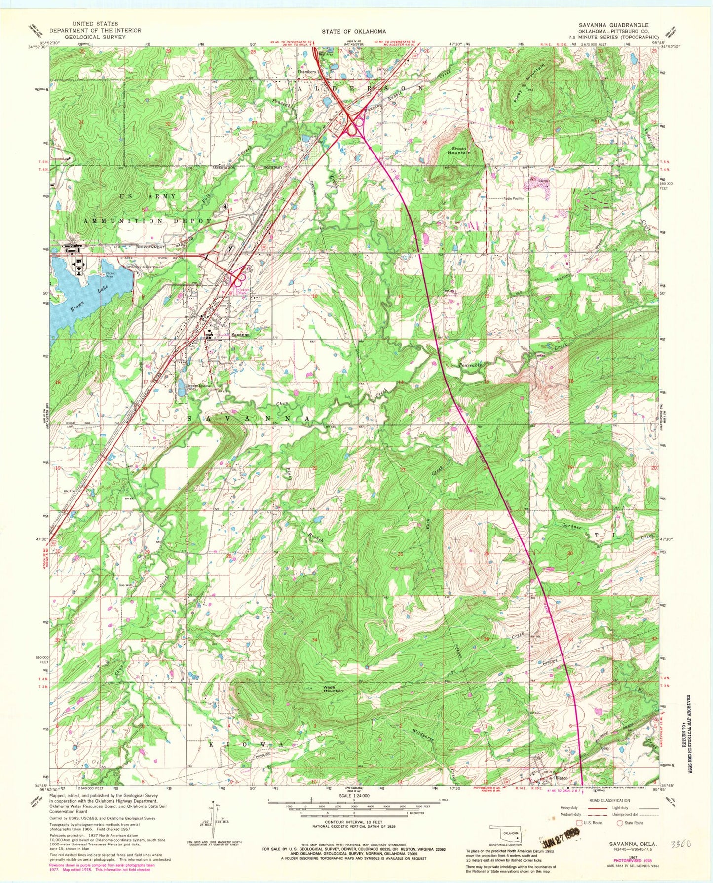 Classic USGS Savanna Oklahoma 7.5'x7.5' Topo Map Image