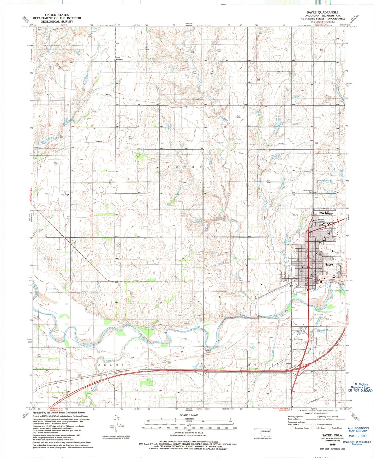Classic USGS Sayre Oklahoma 7.5'x7.5' Topo Map Image