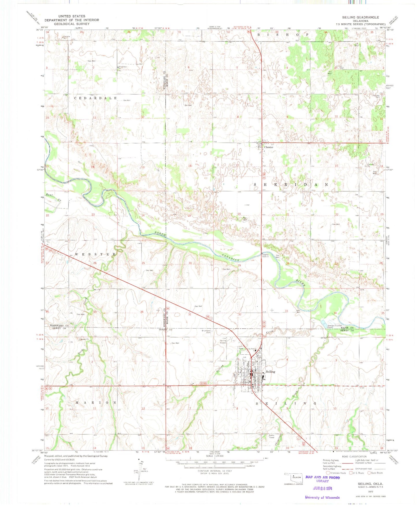 Classic USGS Seiling Oklahoma 7.5'x7.5' Topo Map Image