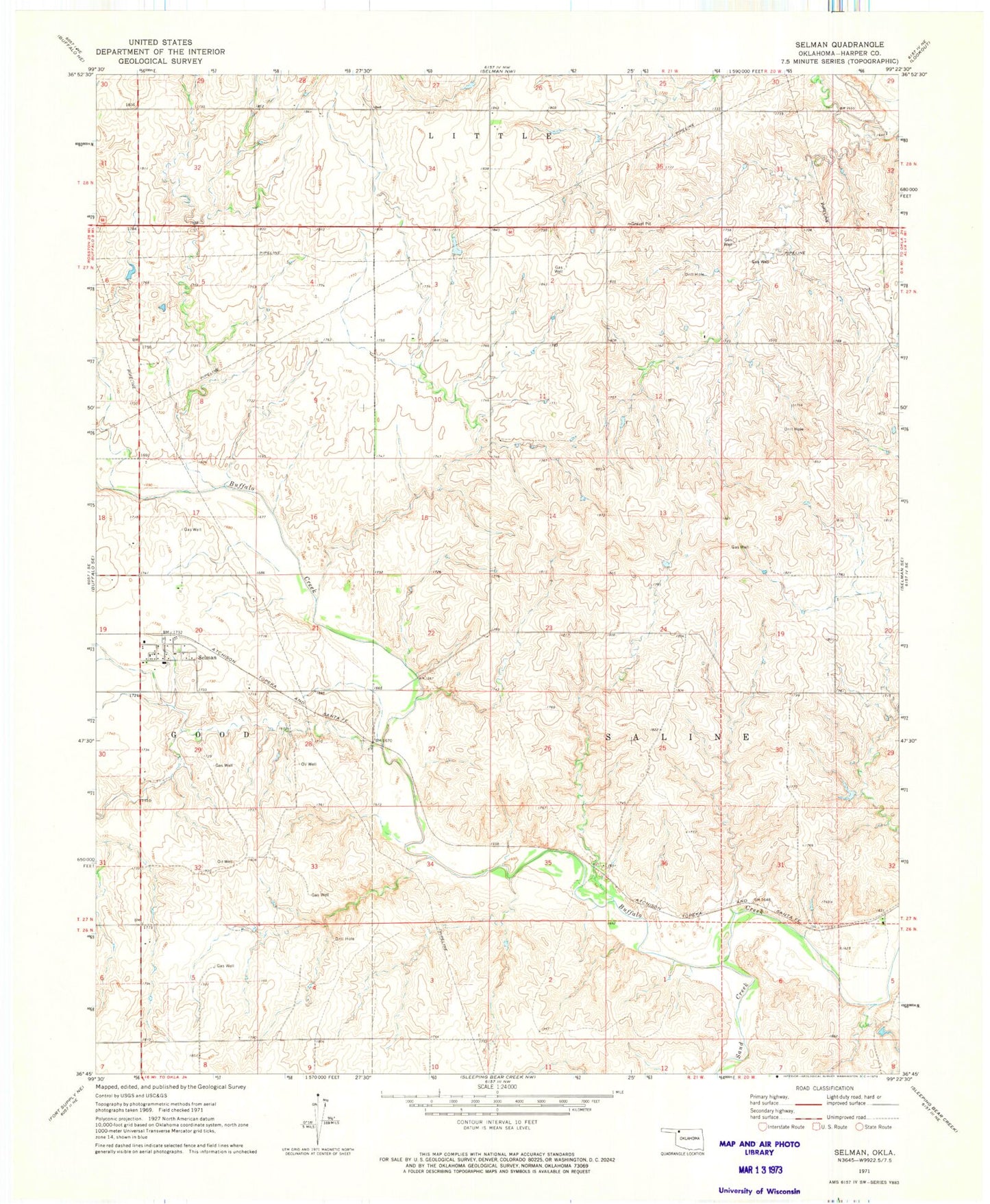 Classic USGS Selman Oklahoma 7.5'x7.5' Topo Map Image