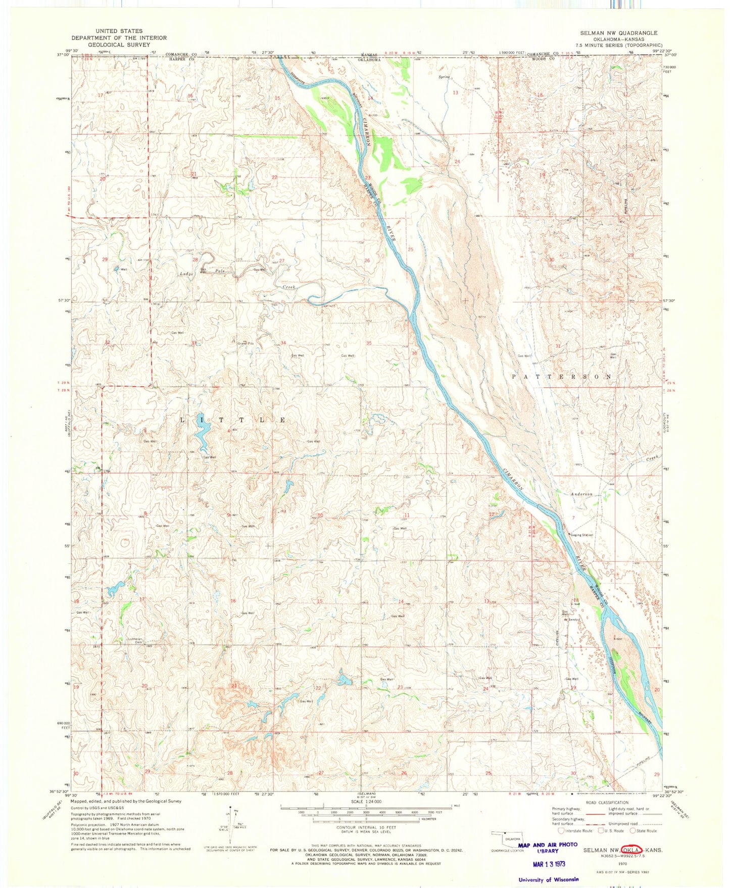 Classic USGS Selman NW Oklahoma 7.5'x7.5' Topo Map Image