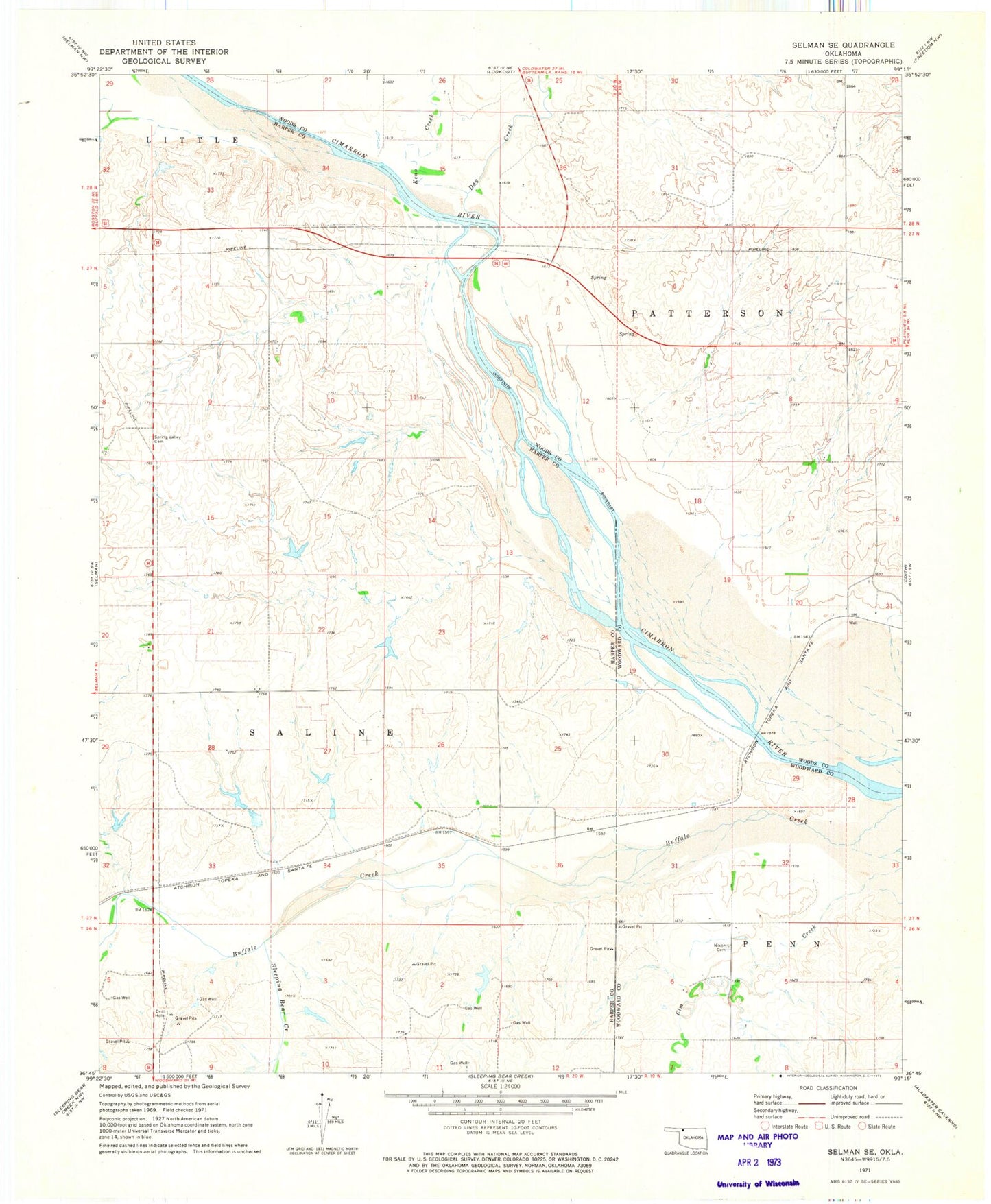 Classic USGS Selman SE Oklahoma 7.5'x7.5' Topo Map Image