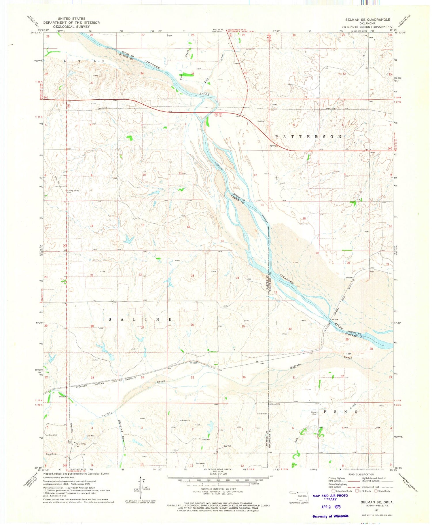 Classic USGS Selman SE Oklahoma 7.5'x7.5' Topo Map Image