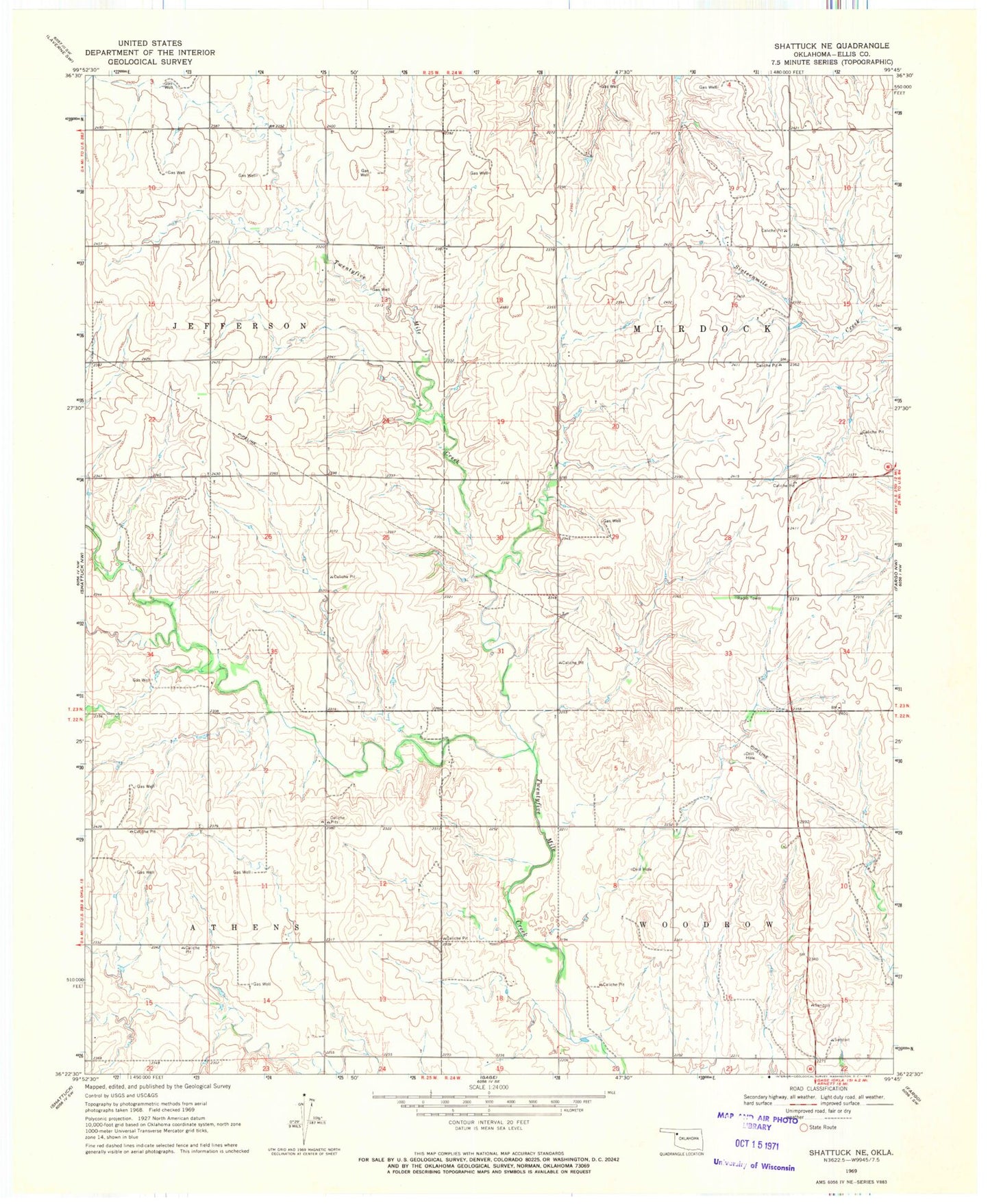 Classic USGS Shattuck NE Oklahoma 7.5'x7.5' Topo Map Image