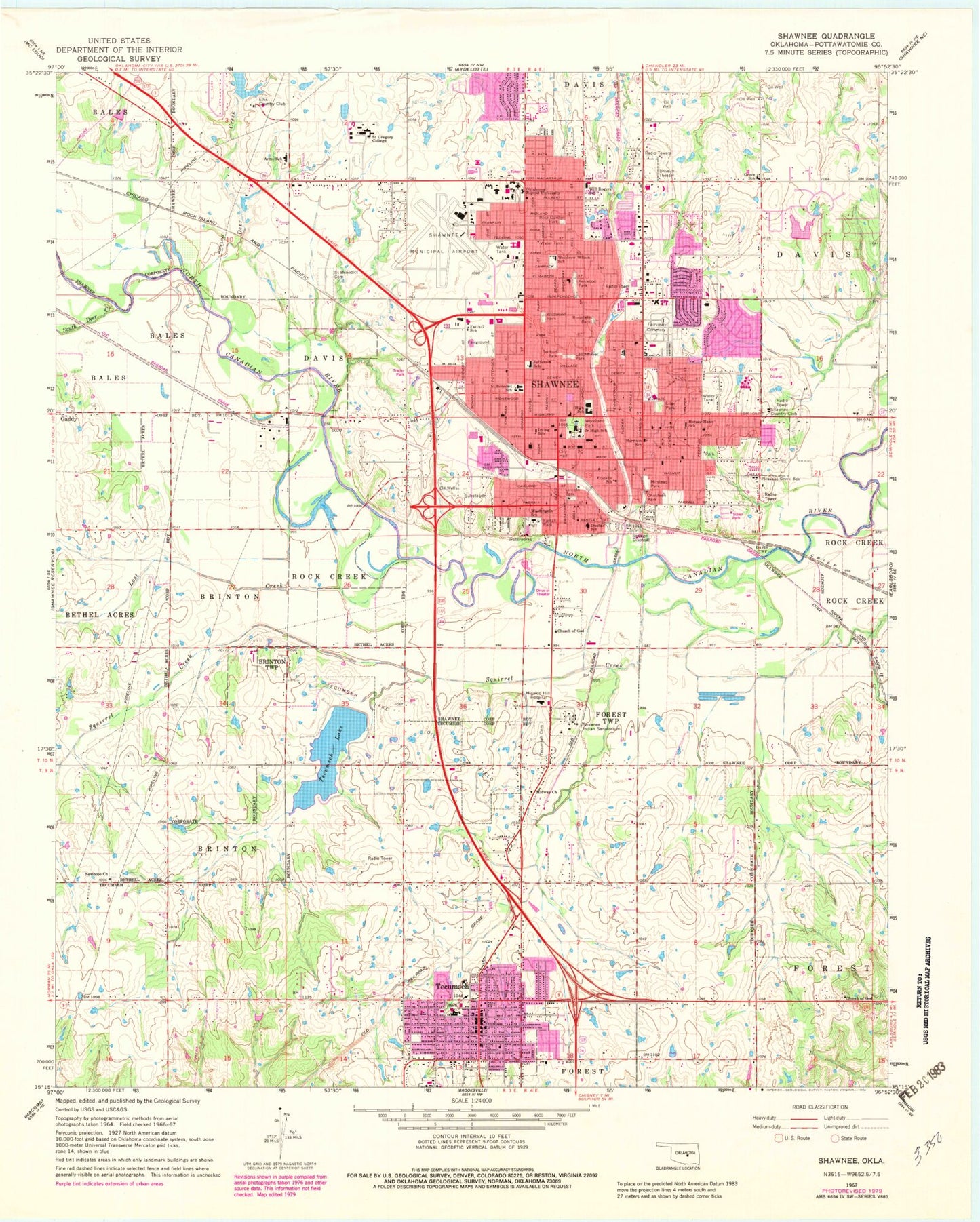 Classic USGS Shawnee Oklahoma 7.5'x7.5' Topo Map Image