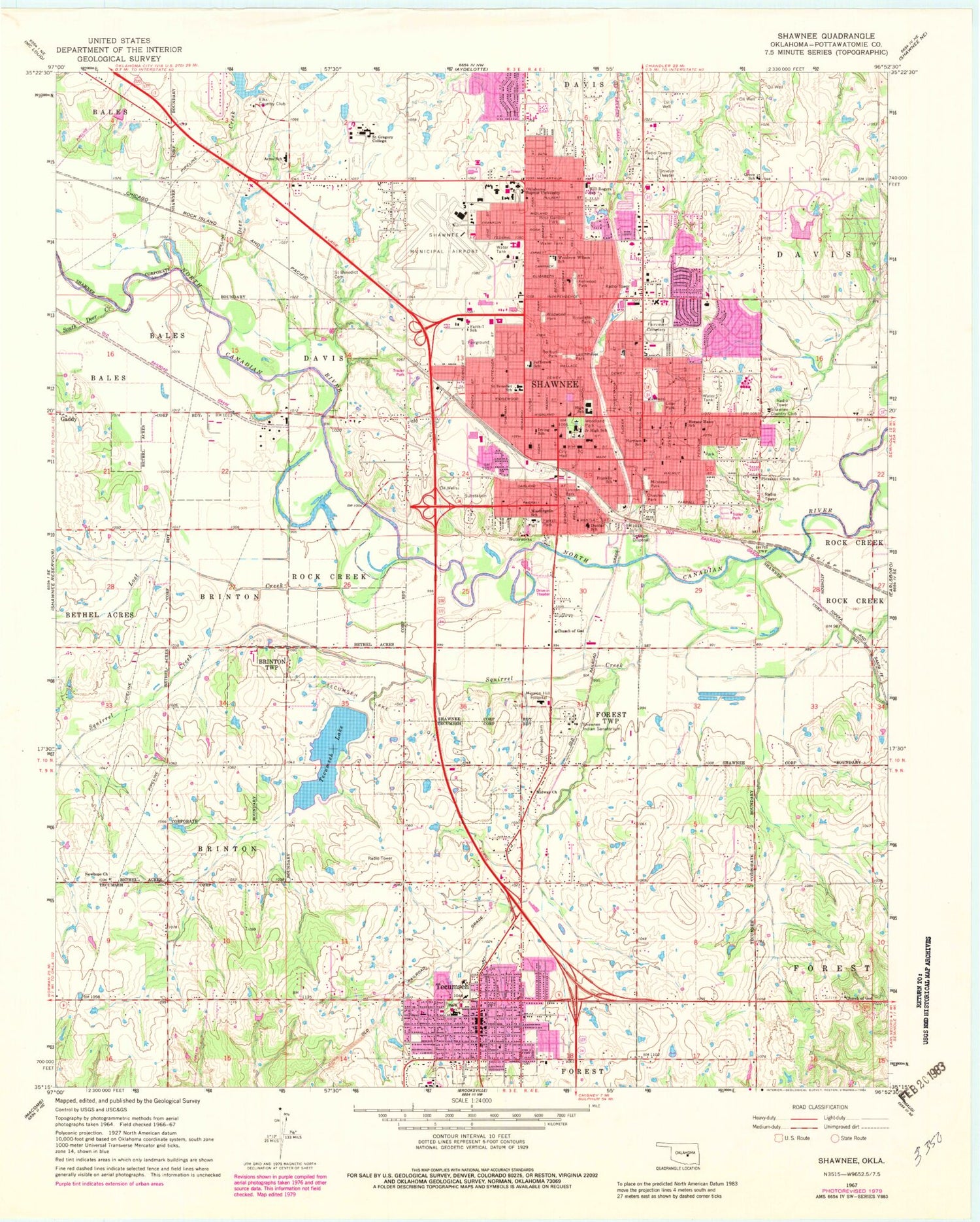 Classic USGS Shawnee Oklahoma 7.5'x7.5' Topo Map Image