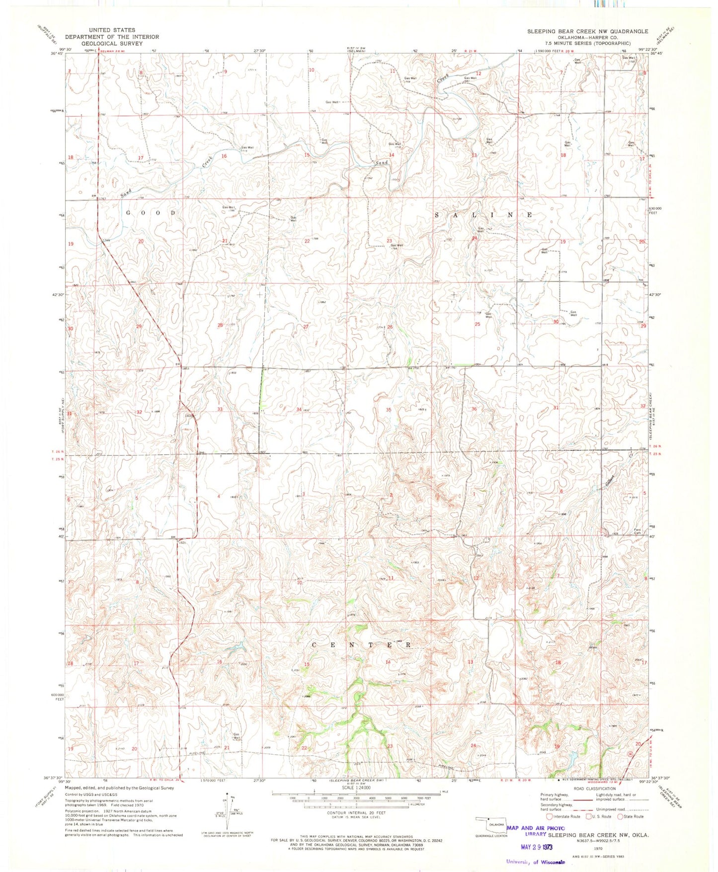 Classic USGS Sleeping Bear Creek NW Oklahoma 7.5'x7.5' Topo Map Image