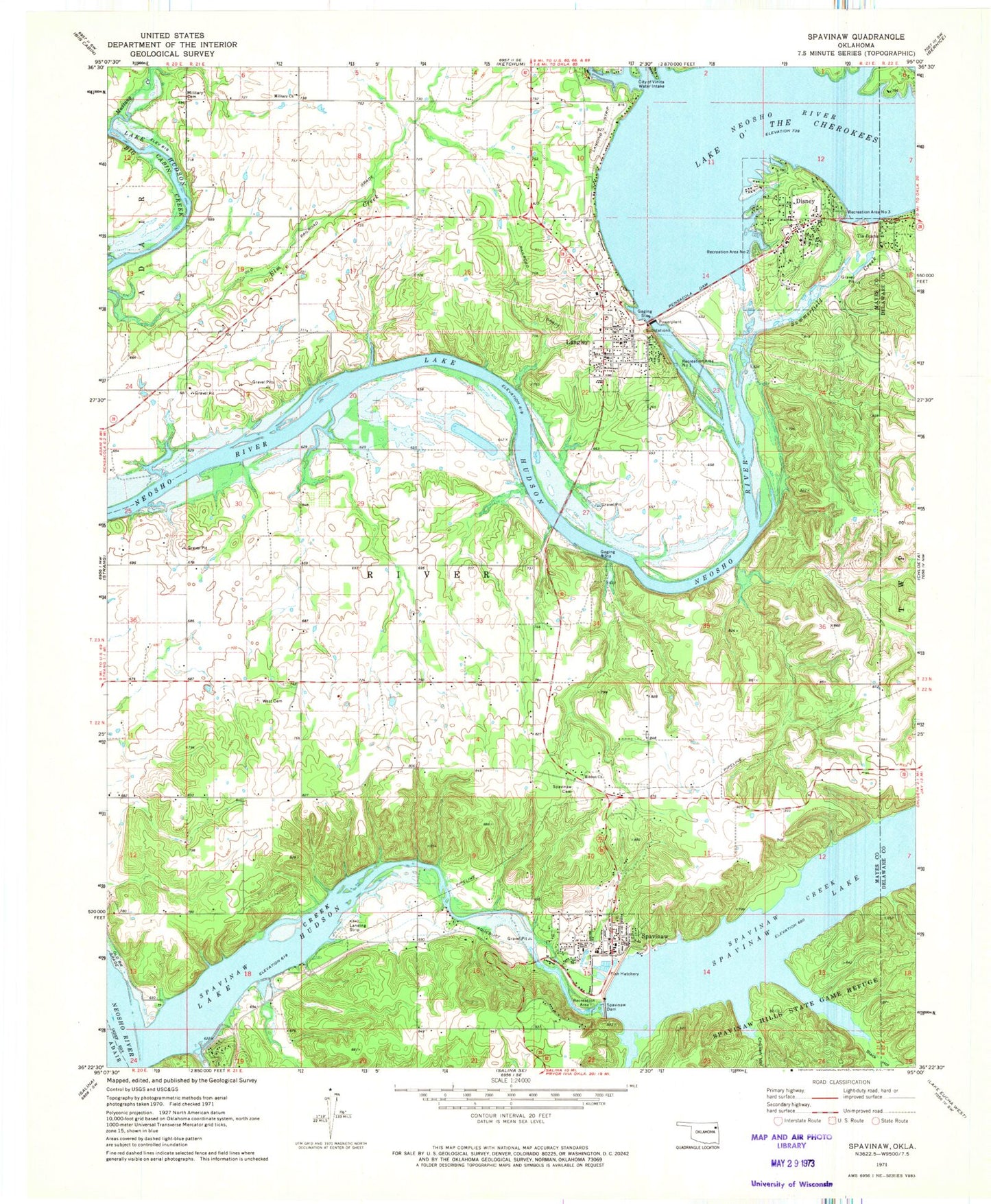 Classic USGS Spavinaw Oklahoma 7.5'x7.5' Topo Map Image