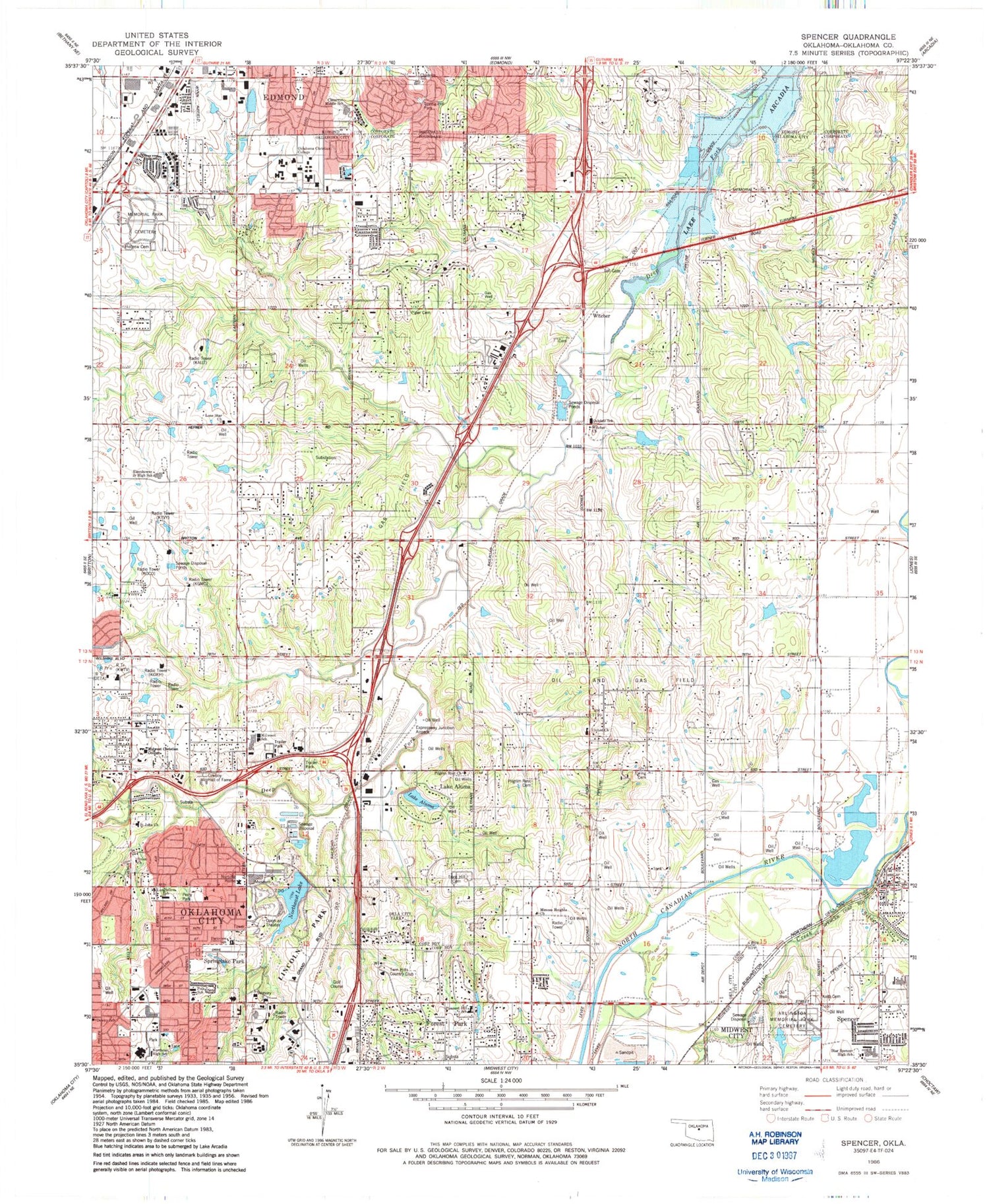 Classic USGS Spencer Oklahoma 7.5'x7.5' Topo Map Image