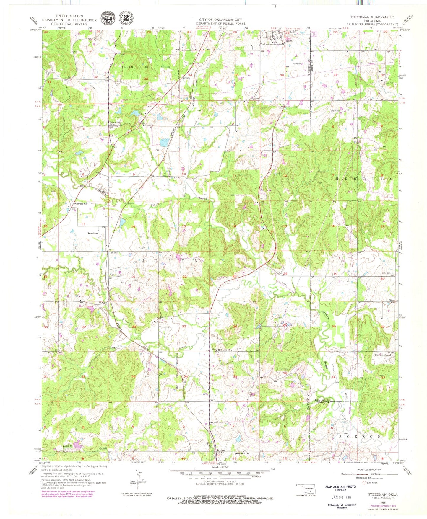 Classic USGS Steedman Oklahoma 7.5'x7.5' Topo Map Image