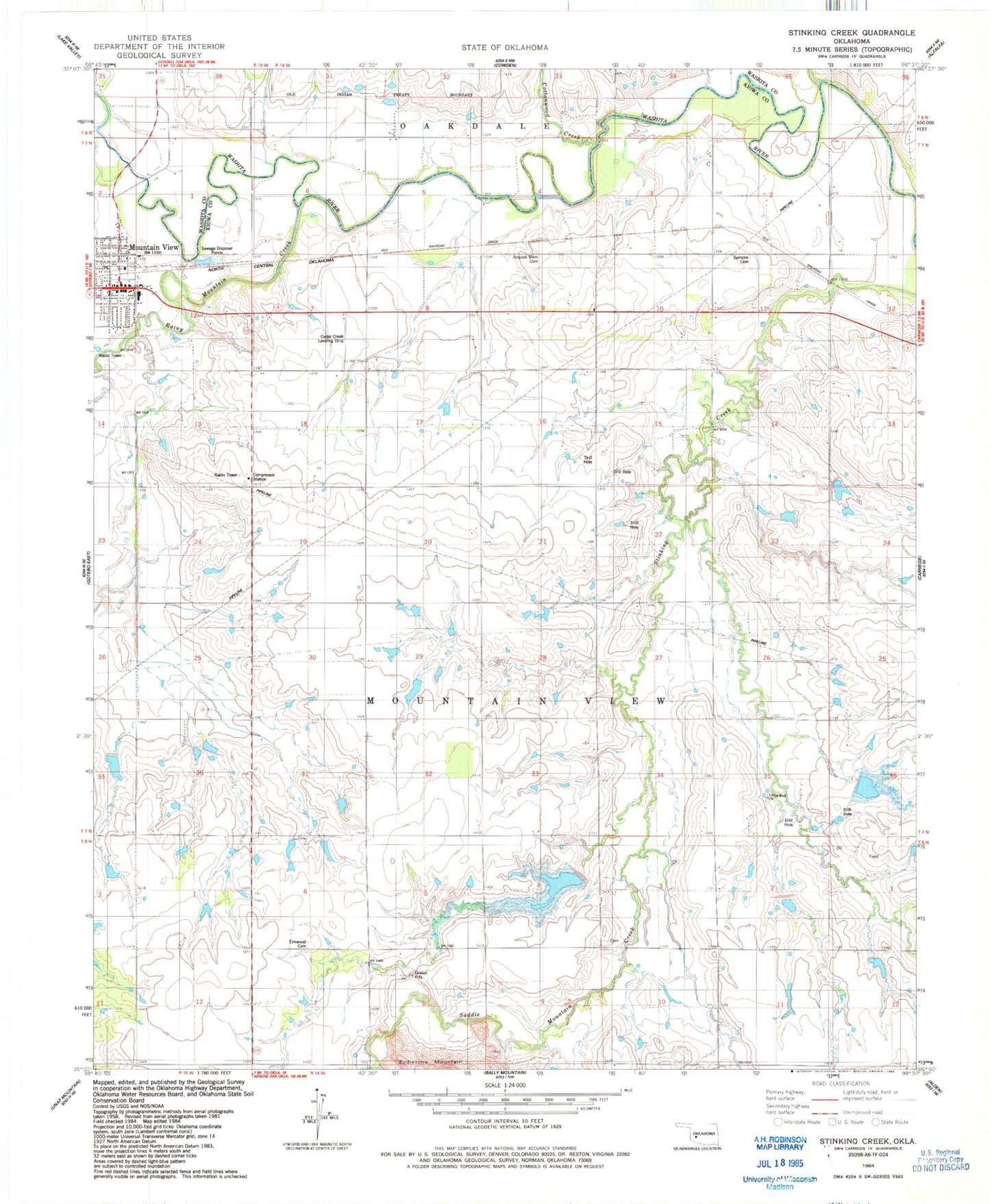 Classic USGS Stinking Creek Oklahoma 7.5'x7.5' Topo Map Image