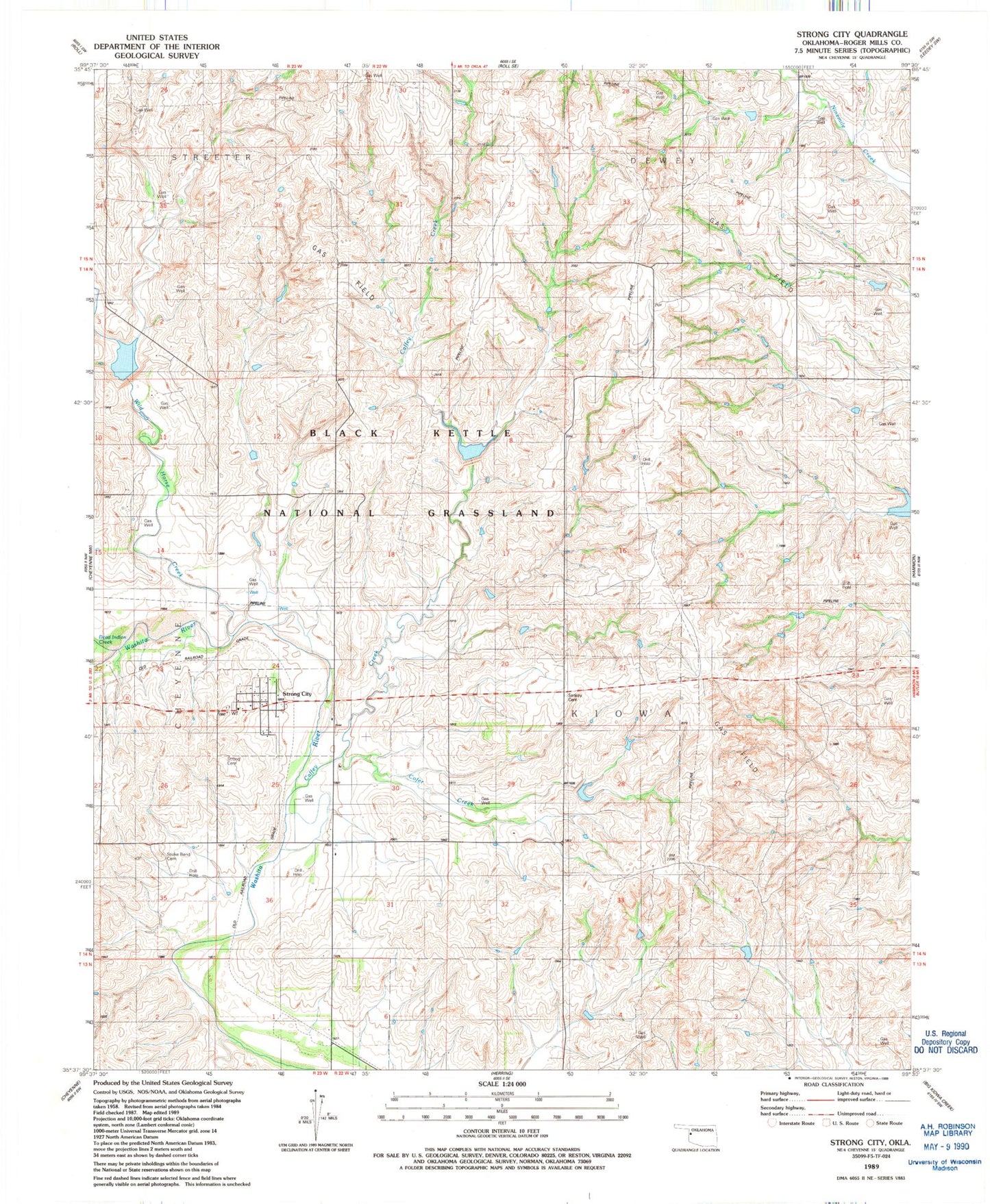 Classic USGS Strong City Oklahoma 7.5'x7.5' Topo Map Image