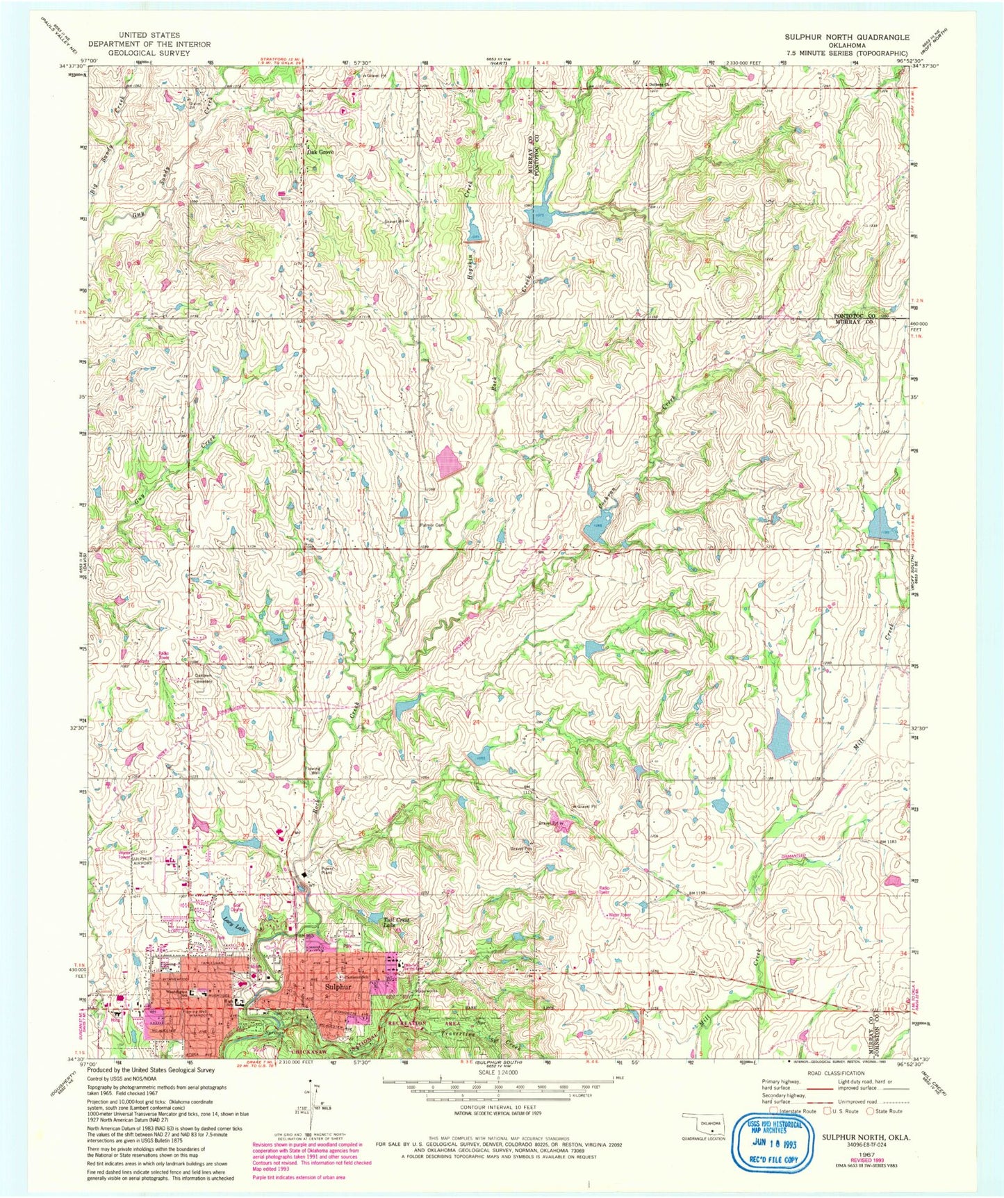 Classic USGS Sulphur North Oklahoma 7.5'x7.5' Topo Map Image