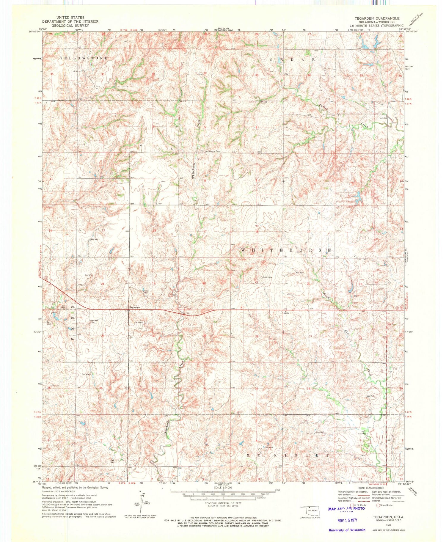 Classic USGS Tegarden Oklahoma 7.5'x7.5' Topo Map Image