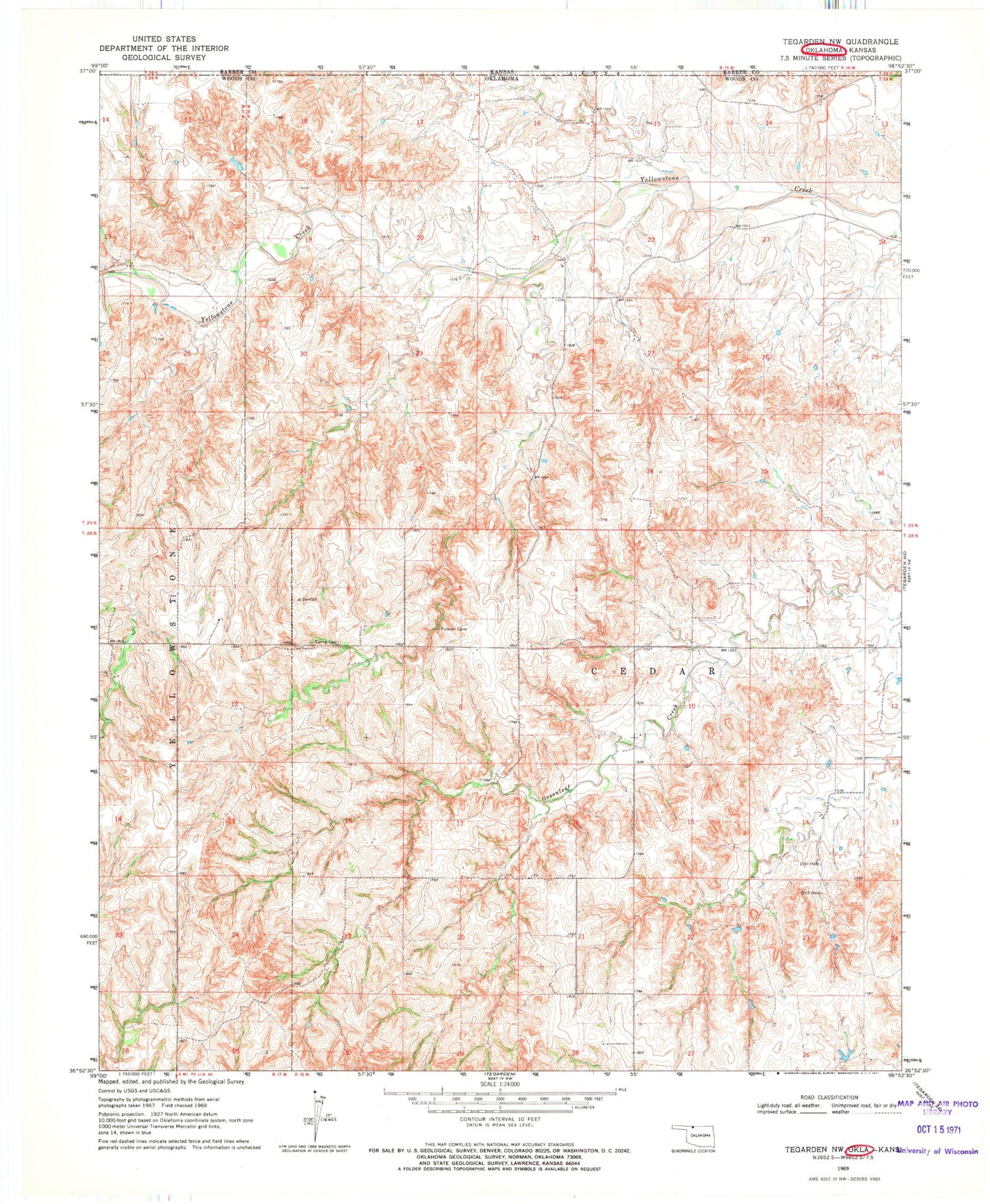 Classic USGS Tegarden NW Oklahoma 7.5'x7.5' Topo Map Image