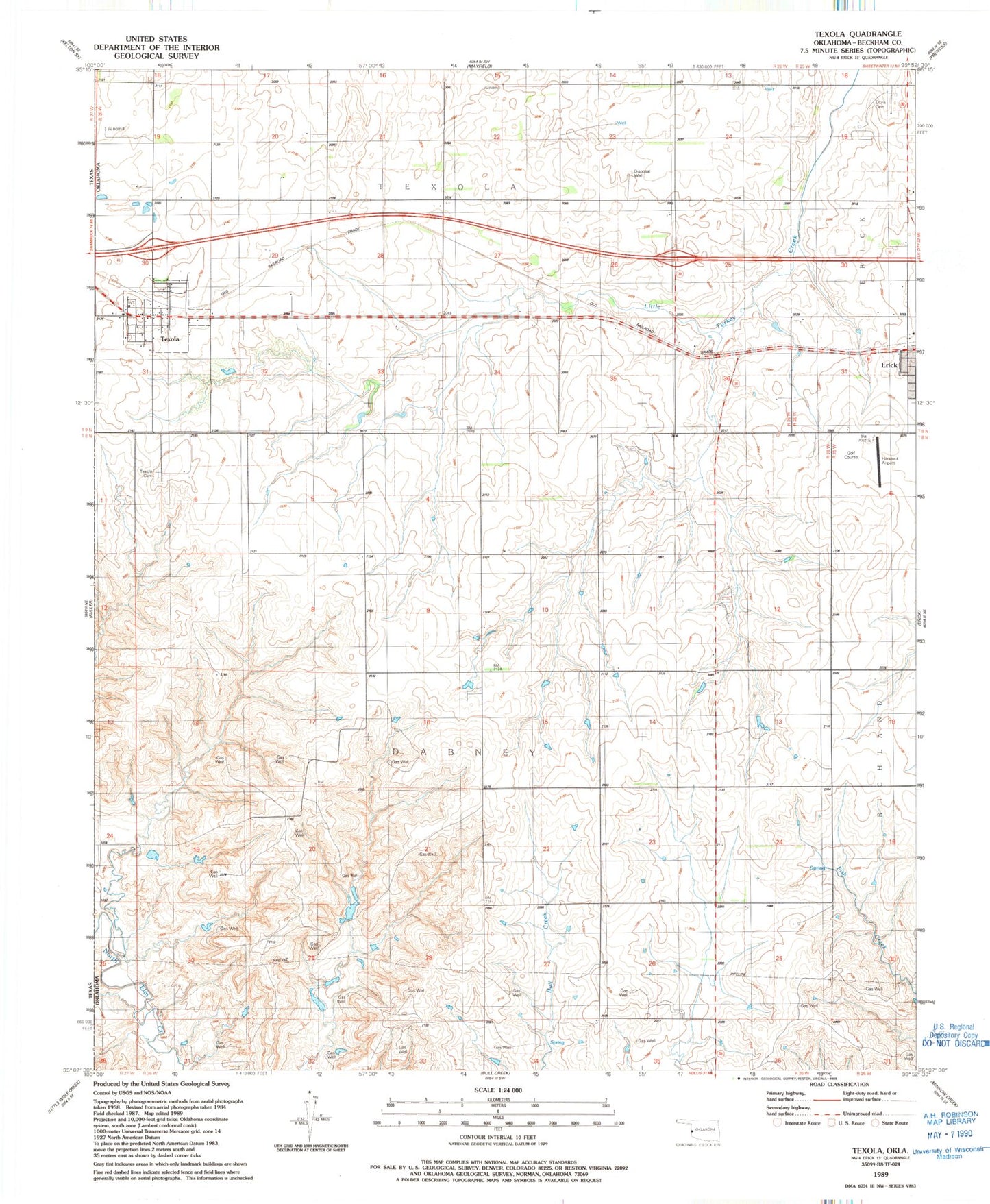 Classic USGS Texola Oklahoma 7.5'x7.5' Topo Map Image