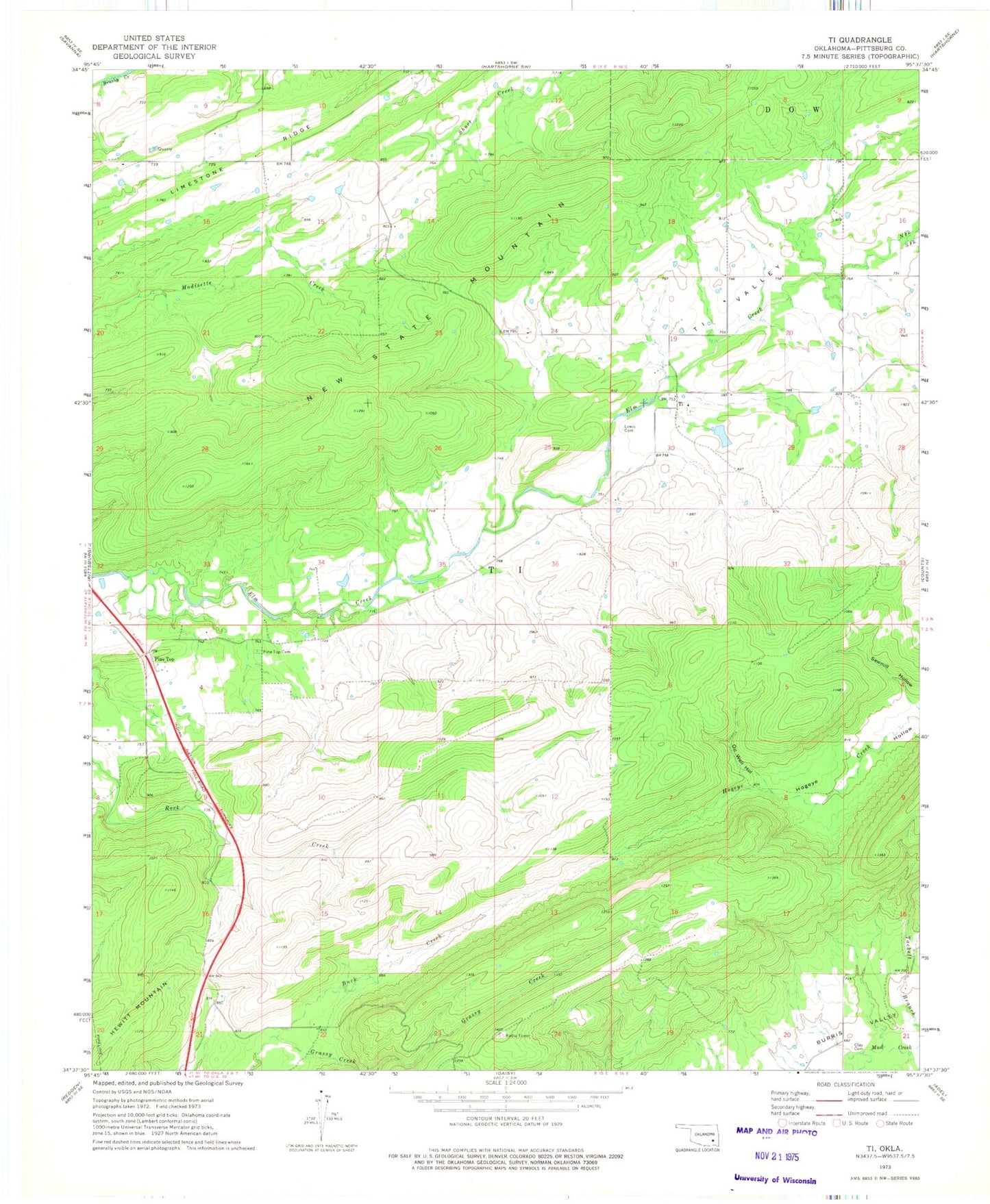 Classic USGS Ti Oklahoma 7.5'x7.5' Topo Map Image