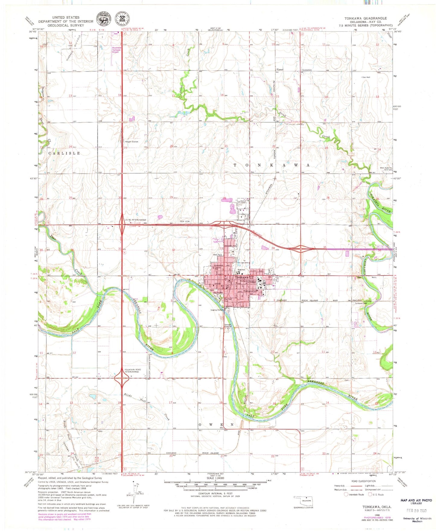 Classic USGS Tonkawa Oklahoma 7.5'x7.5' Topo Map Image